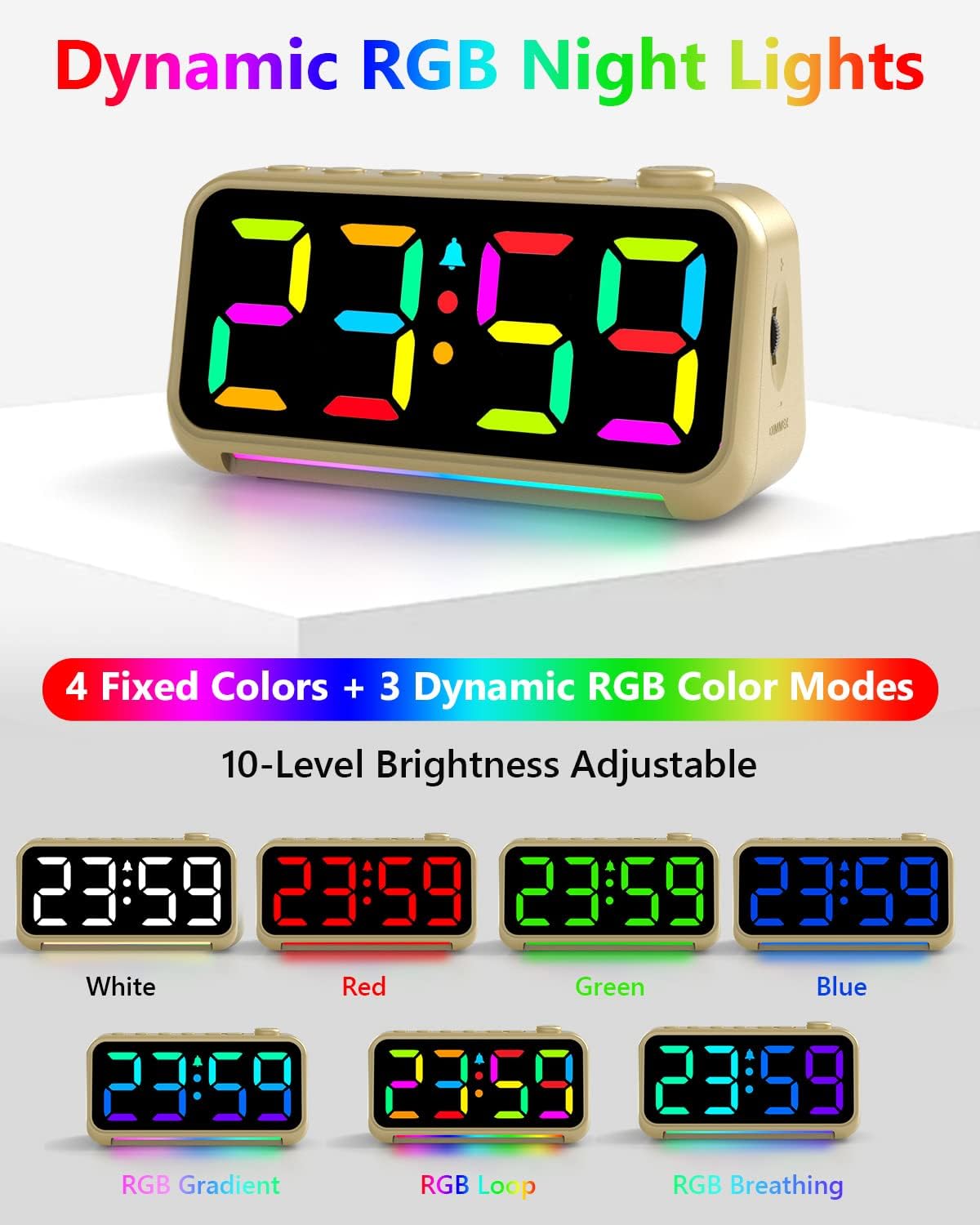 Reloj despertador con pantalla digital LED, puerto de carga USB de luz RGB extra fuerte, relojes de escritorio pequeños para personas que duermen