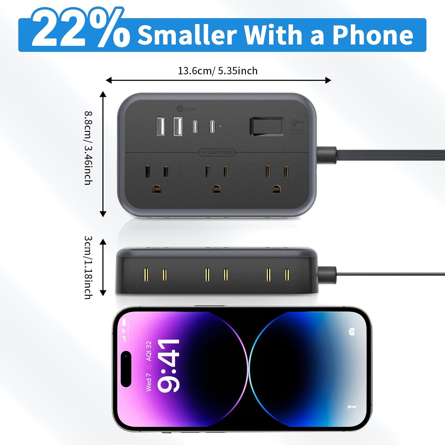 NTONPOWER – Cable de extensión largo 10 en 1 de 25 pies con 4 puertos USB (incluye 2 USB C) cable de extensión con múltiples tomas de corriente