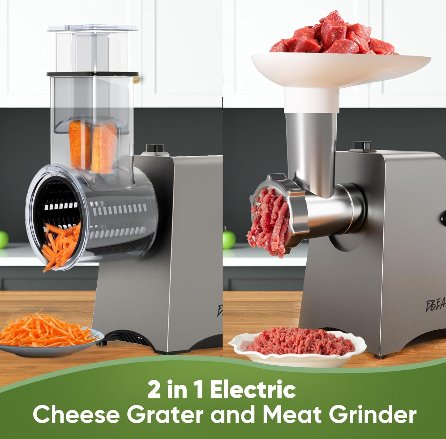Rallador eléctrico de queso 2 en 1 y picadora de carne para uso doméstico, máquina de kube, máquina de salchichas, rebanadora de frutas, verduras,