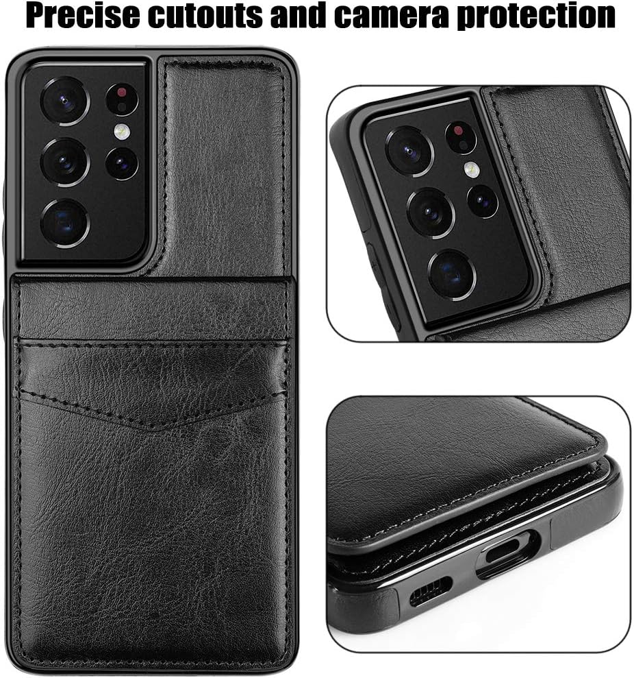 LakiBeibi Funda para Samsung Galaxy S21 Ultra, funda para teléfono S21 Ultra, funda de piel ligera de doble capa con tarjeteros, funda protectora
