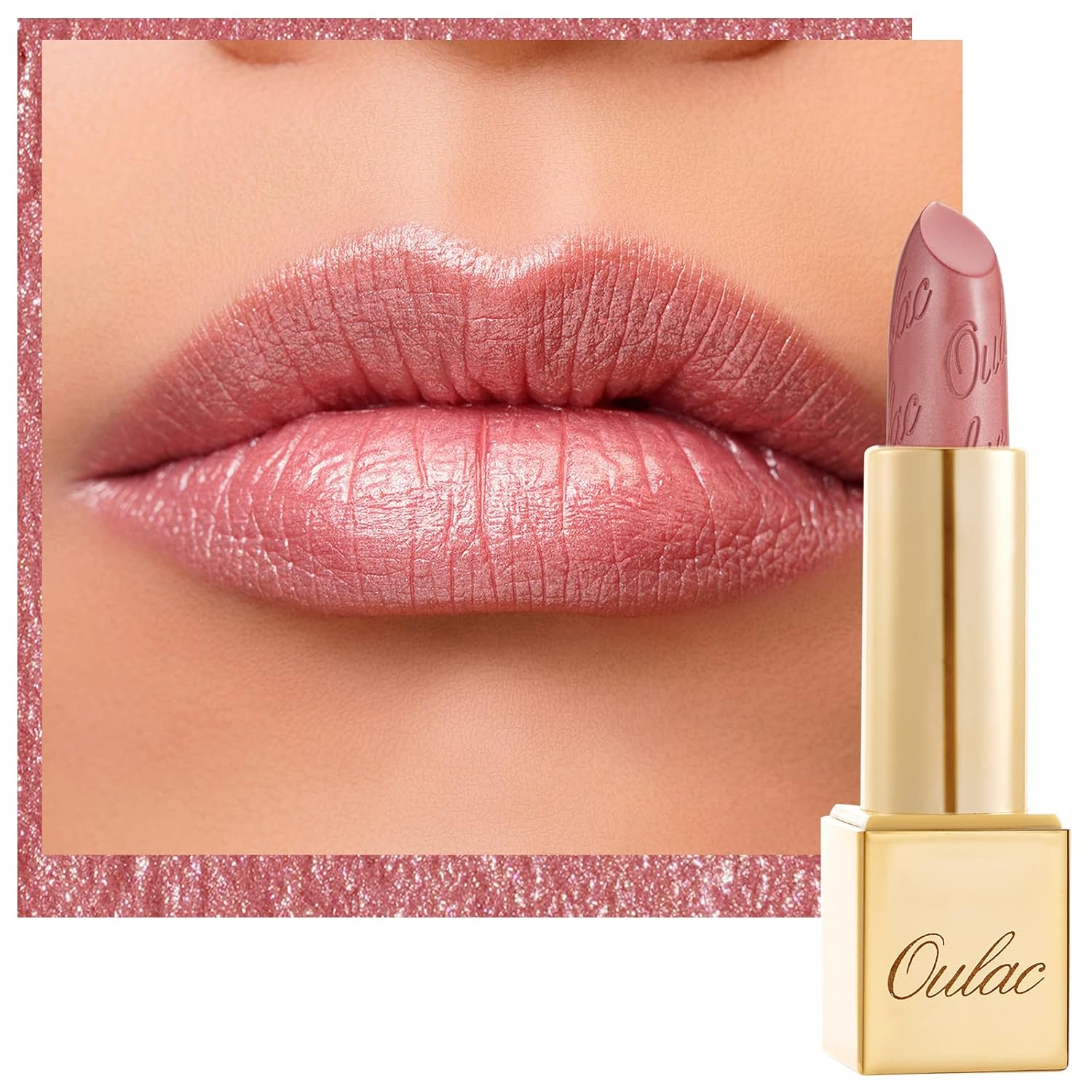 Oulac Lápiz labial rosa claro para mujer con brillo metálico 3D fórmula hidratante ligera, color de labios de alto impacto, belleza vegana y sin