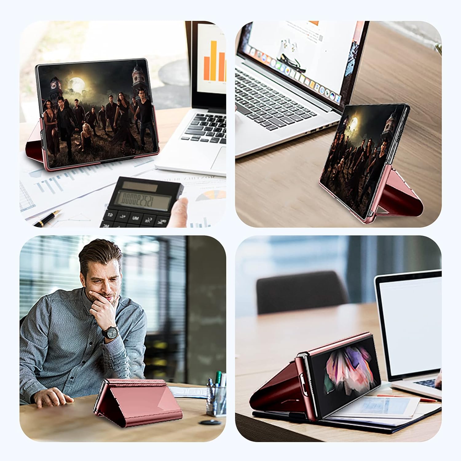 Funda compatible con Samsung Galaxy Z Fold 5 5G, con espejo, de piel, delgada, transparente, S-View, a prueba de golpes, con función atril,