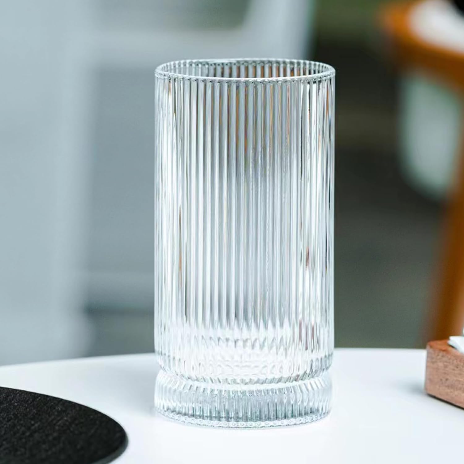 Juego de 4 vasos de 16 onzas, vasos de vidrio altos para café helado, cócteles, jiuces, cristalería acanalada, elegantes vasos de agua altos para el