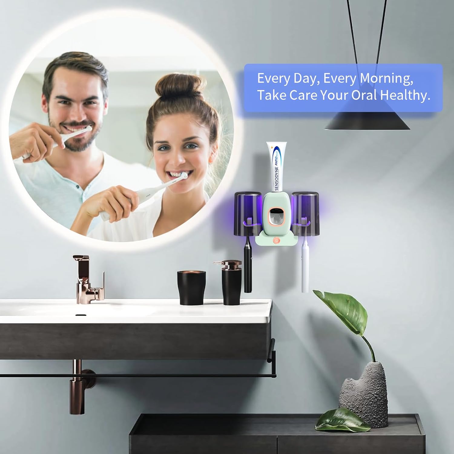 Wekity – Soporte para cepillos de dientes para baños, dispensador automático de pasta de dientes y pasta de dientes, ahorra espacio, soporte para