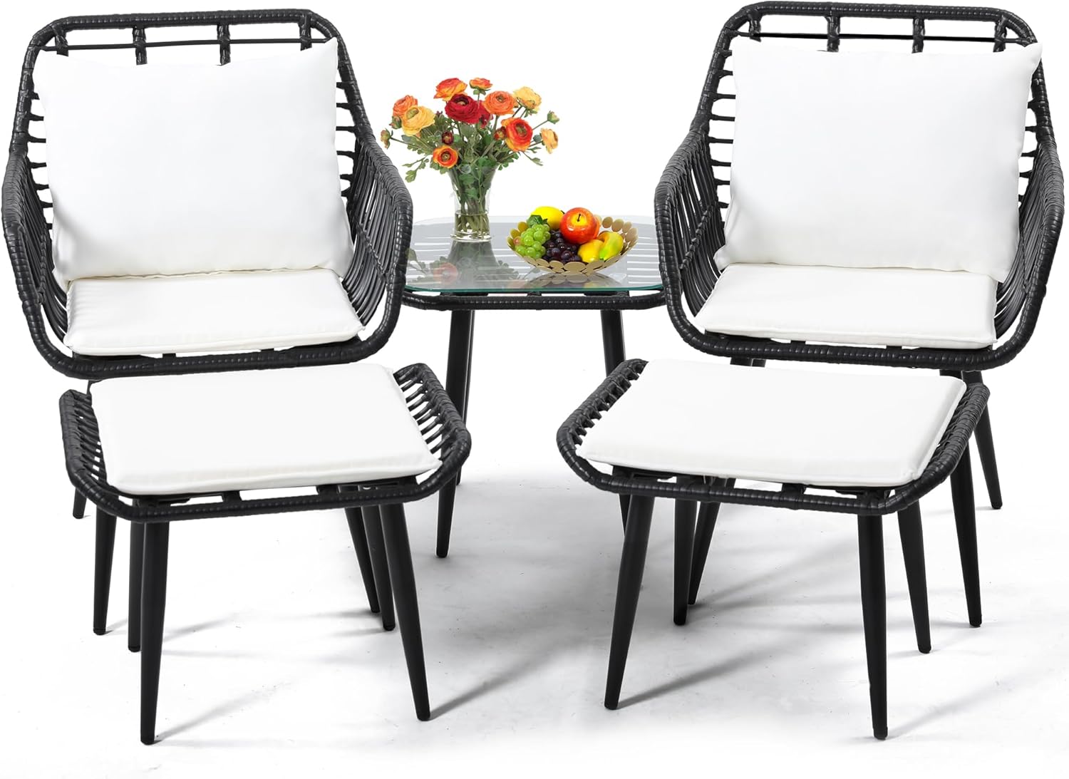 KROFEM Juego de sillas y mesa de mimbre para exteriores, 5 piezas con otomana para porche, balcón, terraza, patio, patio trasero, color negro