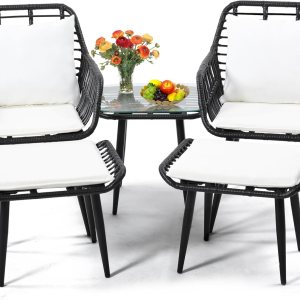 KROFEM Juego de sillas y mesa de mimbre para exteriores, 5 piezas con otomana para porche, balcón, terraza, patio, patio trasero, color negro KROFEM Juego de sillas y mesa de mimbre para exteriores, 5 piezas con otomana para porche, balcón, terraza, patio, patio trasero, color negro