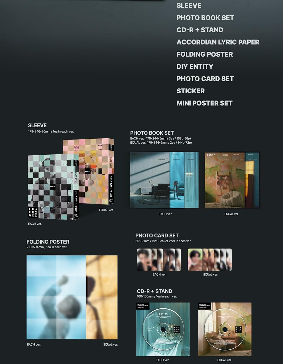 Astro Cha Eunwoo Entity 1er Mini Álbum CD+Póster Plegable en Paquete+Photobook+Photocard+Pegatina+Entidad DIY+Papel de Letras de