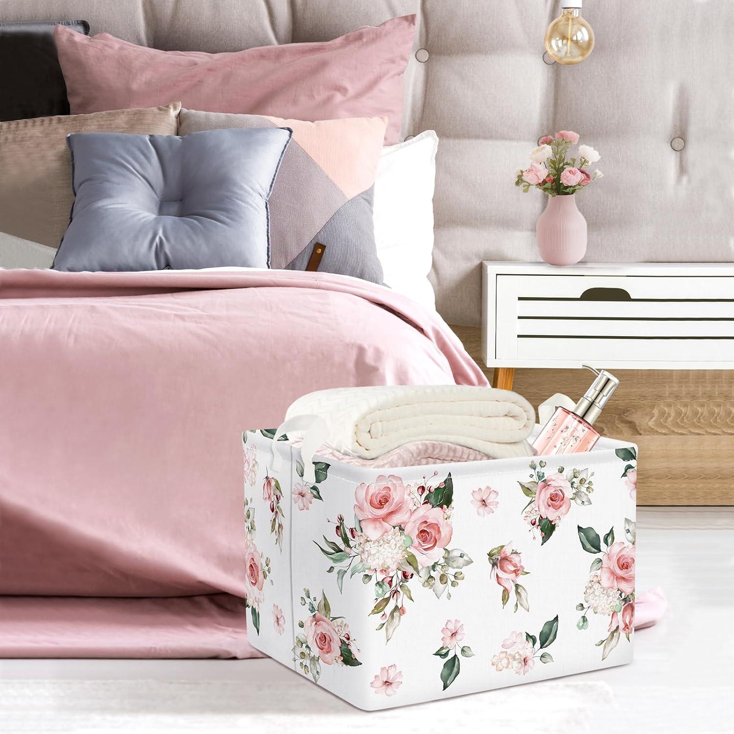 Clastyle Cesta floral rectangular para niña, color rosa, para ropa, juguetes, libros, aperitivos
