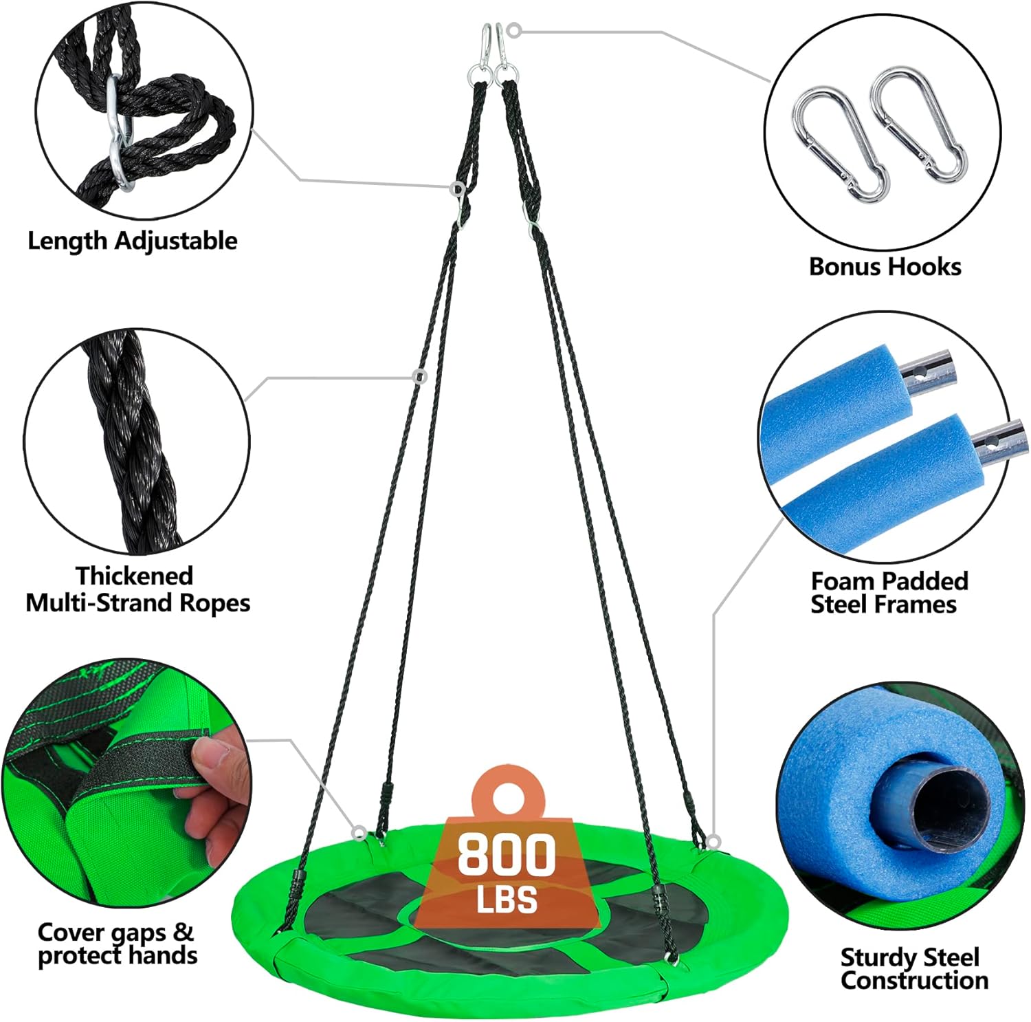 ZENY Juego de columpios con platillo para patio trasero  40 pulgadas de telaraña de tela Oxford Swing Mat y resistente marco de metal para patio de