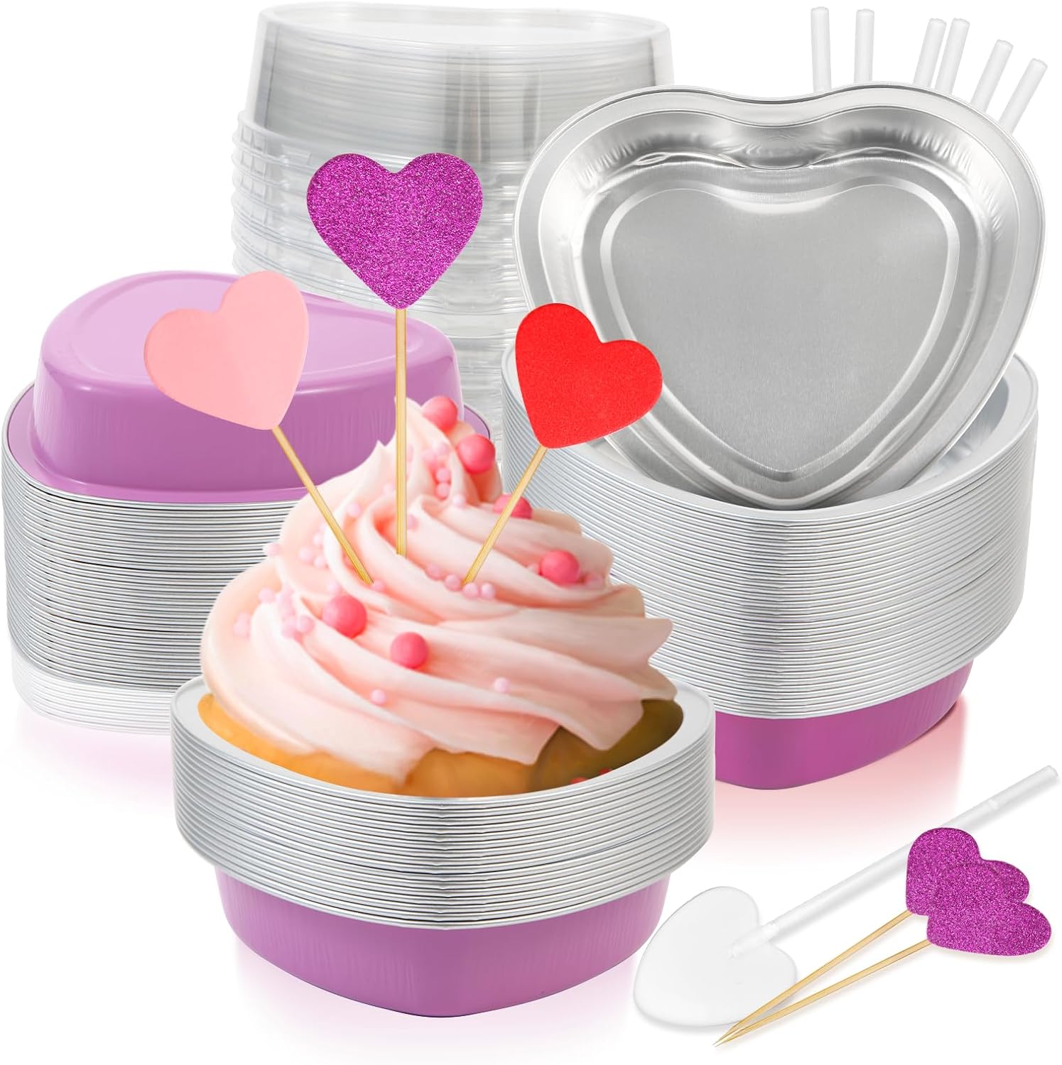 yeload 60 paquetes de moldes para pasteles en forma de corazón con tapas, 9 onzas7.6 fl oz, moldes de aluminio desechables de aluminio, moldes para