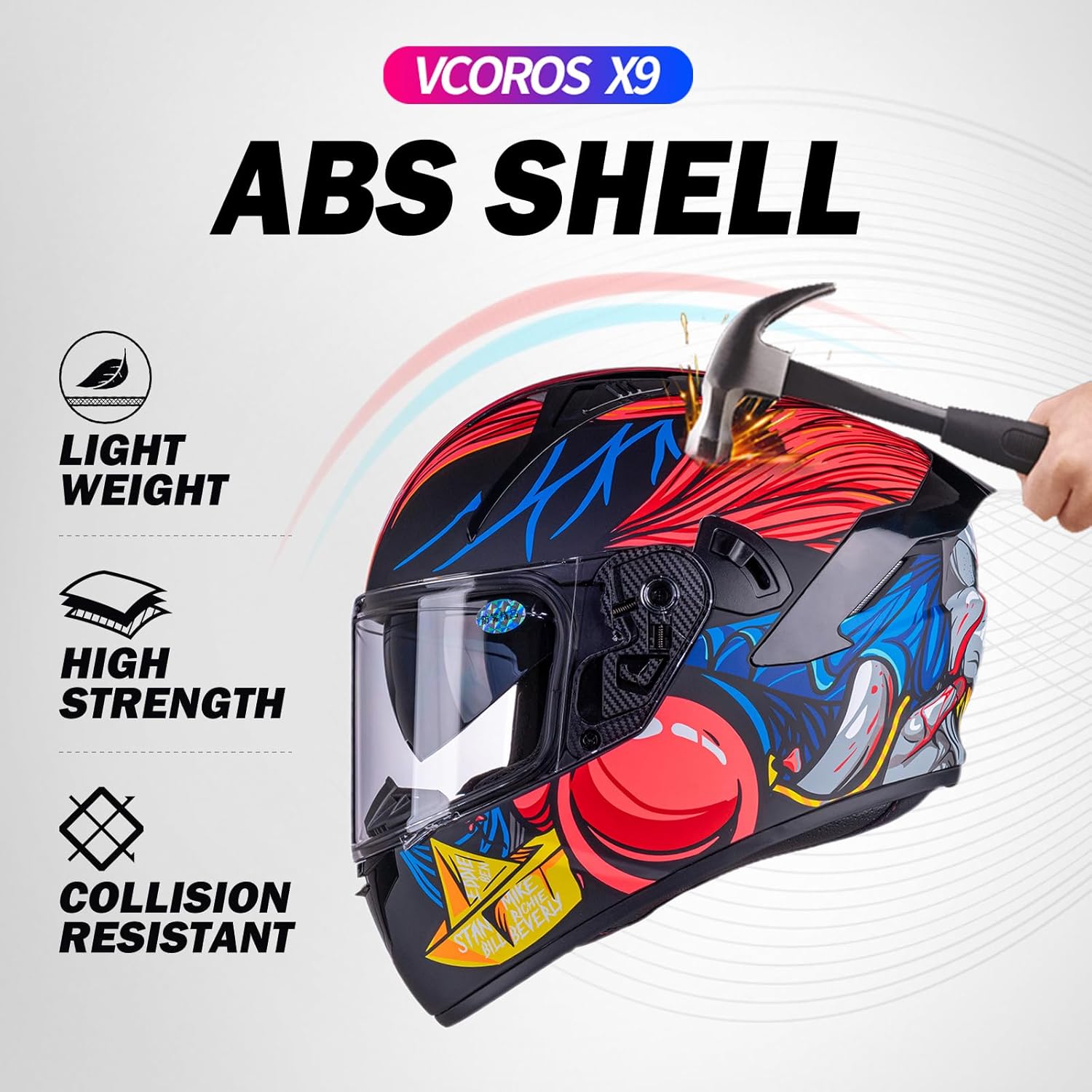 VCOROS Casco de motocicleta de cara completa X9 con visera interior y bolsillos para altavoces listos para Bluetooth, aprobado por DOT, casco de