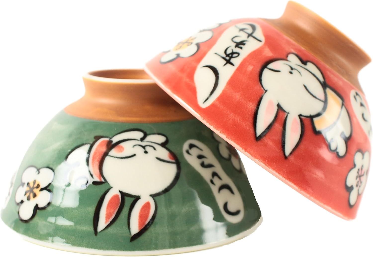 Mino ware Cerámica Japonesa Par Arroz Tazón Happy Rabbit Verde y Rojo Hecho en Japón (Importación de Japón) MIG009