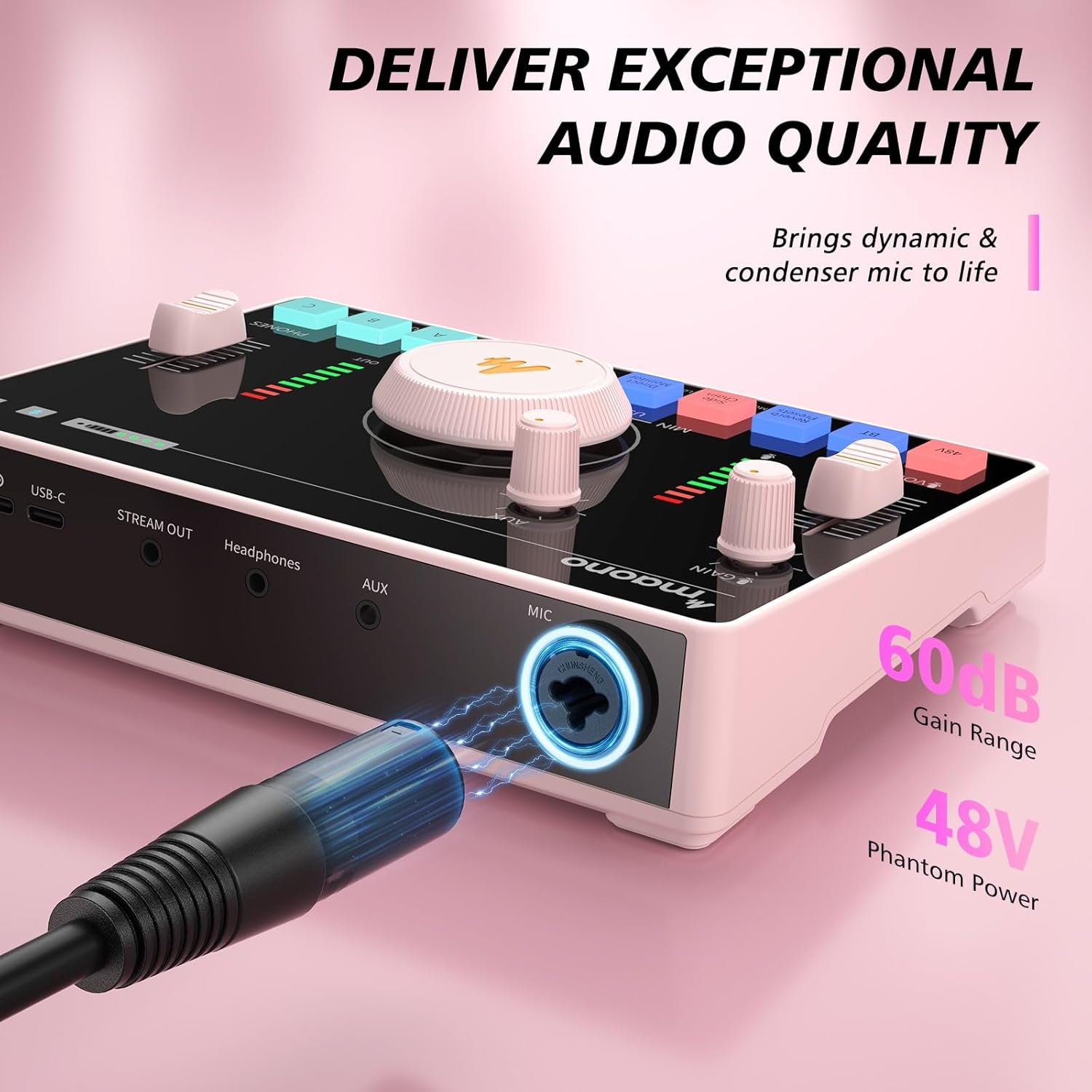 MAONO Mezclador de audio para transmisión, interfaz de audio con preamplificador profesional, Bluetooth, batería incorporada, cancelación de ruido,