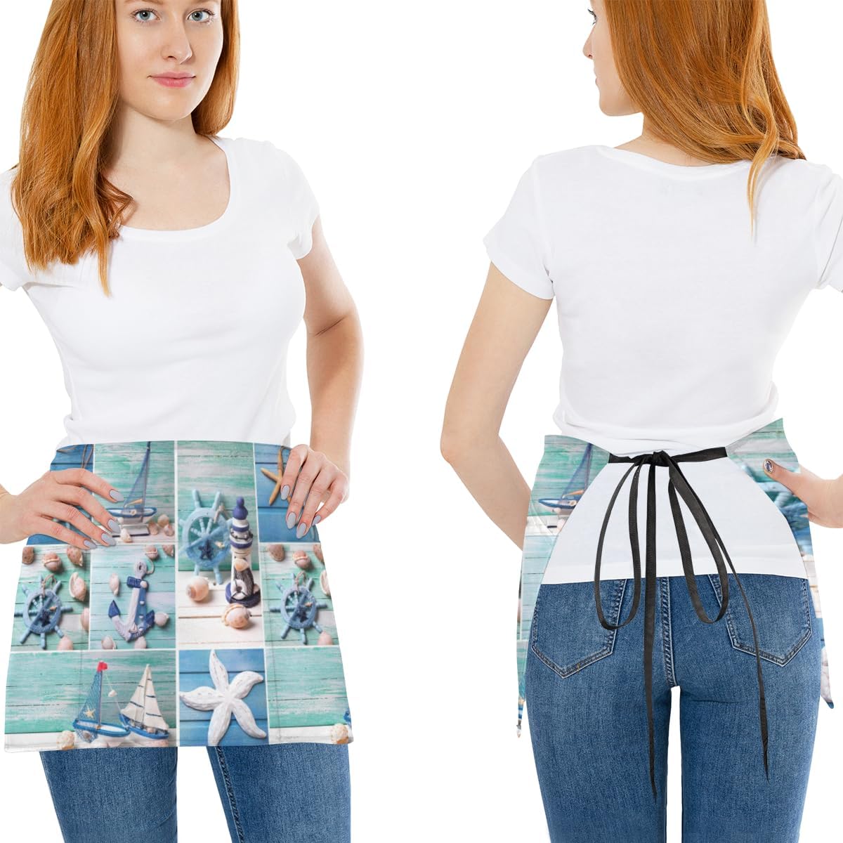 3 Pocket Waist Apron, Pack of 3, Color Of Ocean Server Short Apron for Men Women, Kitchen, Restaurant, Cafe Delantales De Mesera Para Mujer Waitress