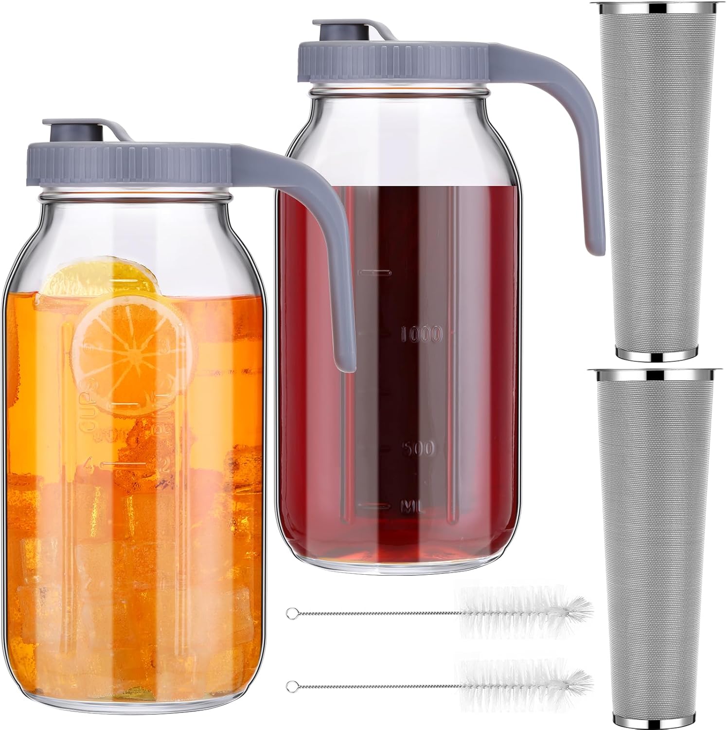 2 juegos de cafetera helada de vidrio con tapa de mango de boquilla de vertido, filtro de café y cepillo, jarra de café frío, cafetera fría, tarro