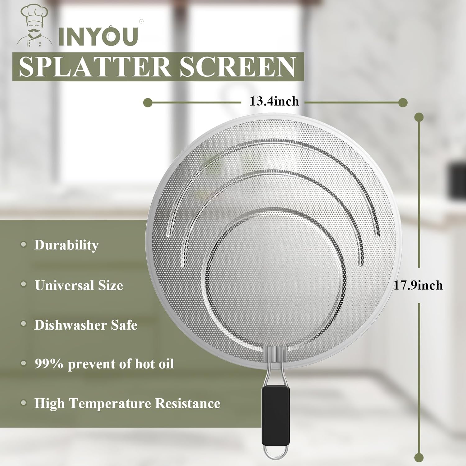INYOU Pantalla contra salpicaduras para sartén de 13.4 pulgadas, pantalla de salpicaduras de grasa de acero inoxidable para cocinar, resistente al