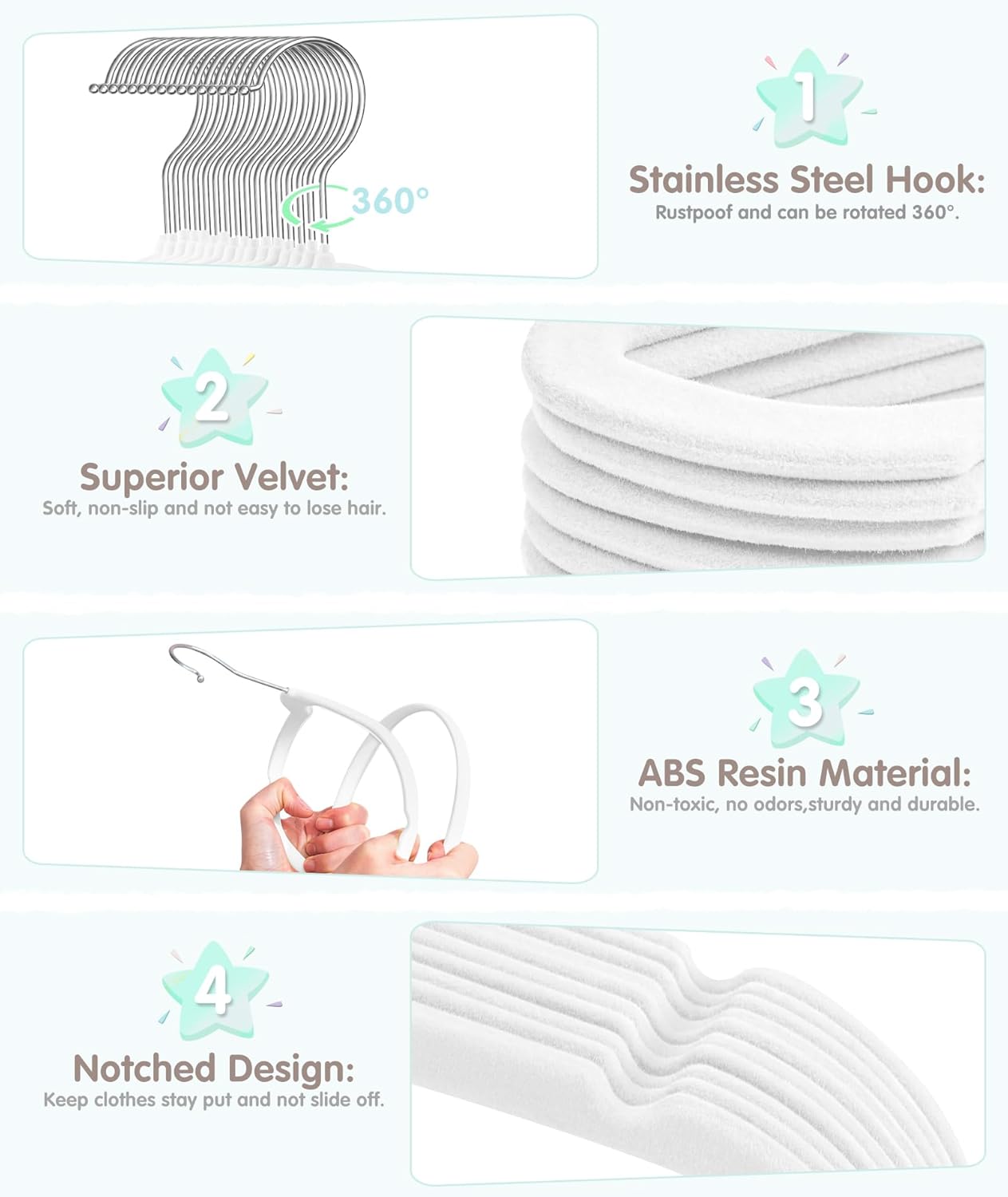 VIS’V – Perchas de terciopelo para niños, 11 pulgadas, color blanco, antideslizantes, para ropa de bebé, con 6 bonitos divisores de ropa para bebés,