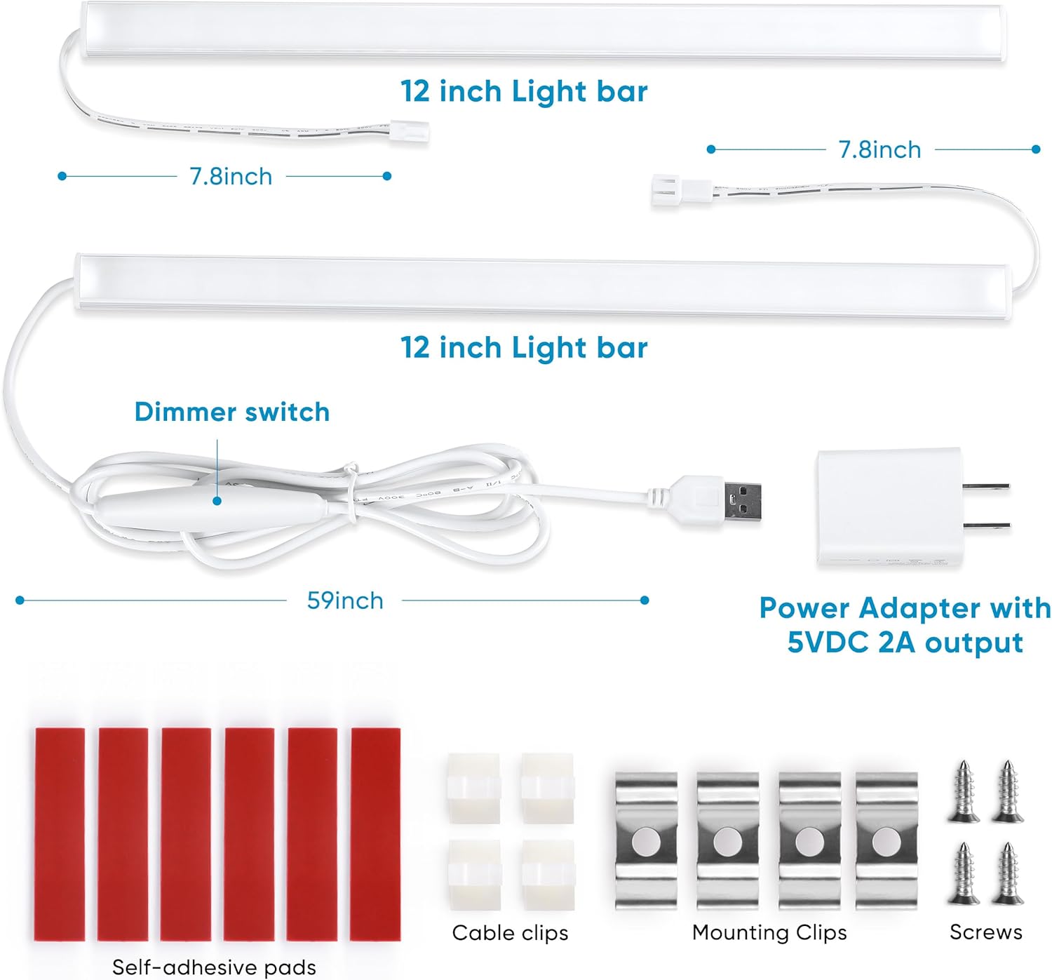 Litever Kit de iluminación enchufable para debajo del gabinete con adaptador, atenuador, 2 tiras de luz LED USB de 12 pulgadas. Regulable enlazable