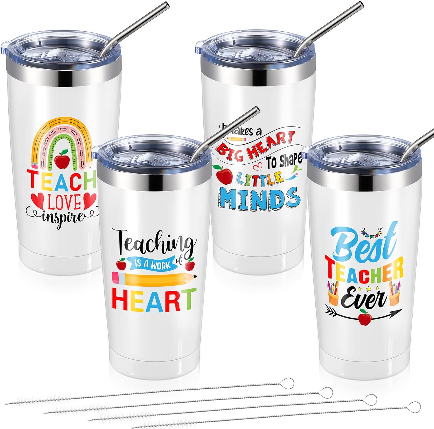 Rtteri Vaso de acero inoxidable de 20 onzas con tapas y cepillos para pajitas, regalo de agradecimiento para profesores, 4 piezas, para graduación,