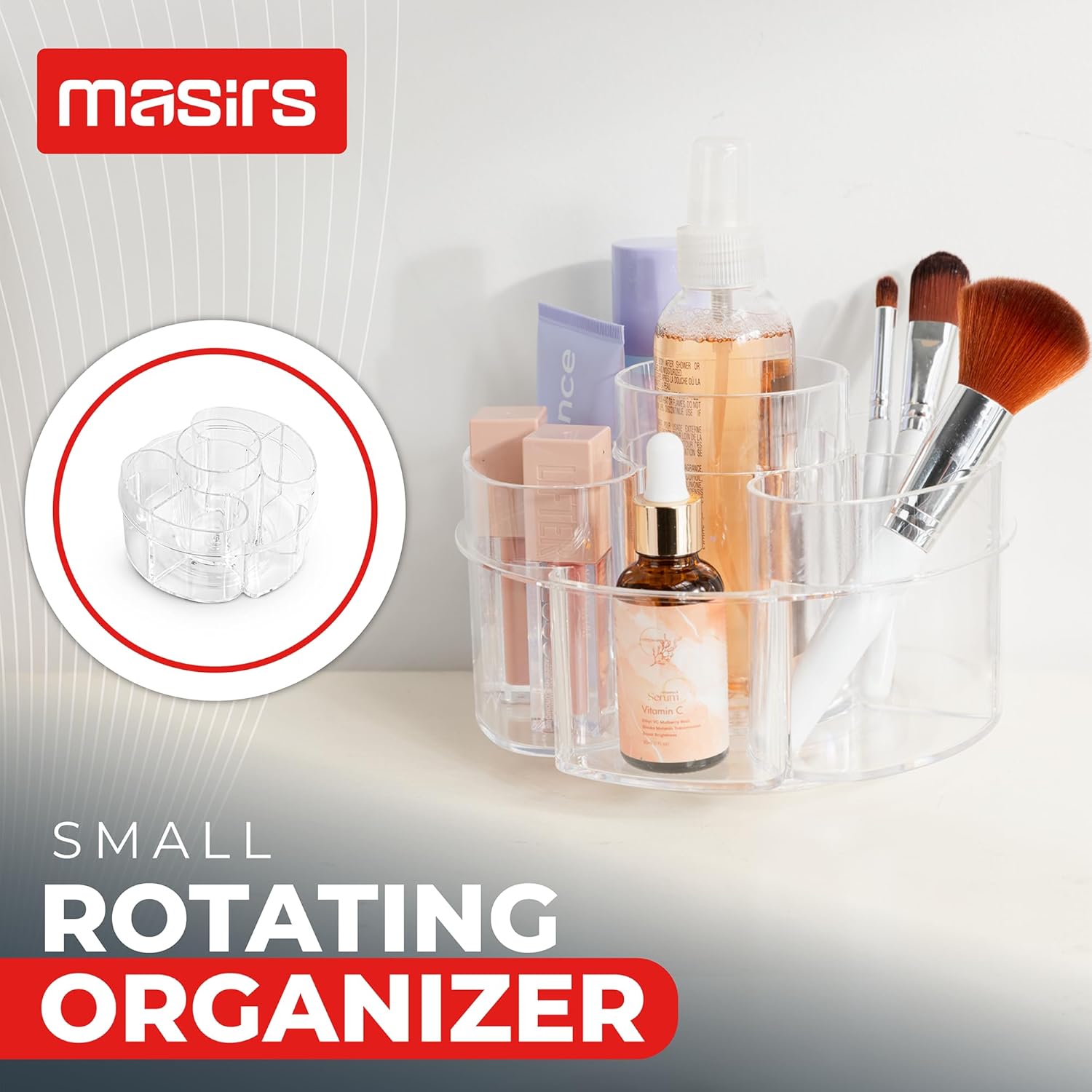 Masirs Pequeño organizador de maquillaje giratorio una solución de almacenamiento de cosméticos pequeña pero espaciosa con múltiples compartimentos.