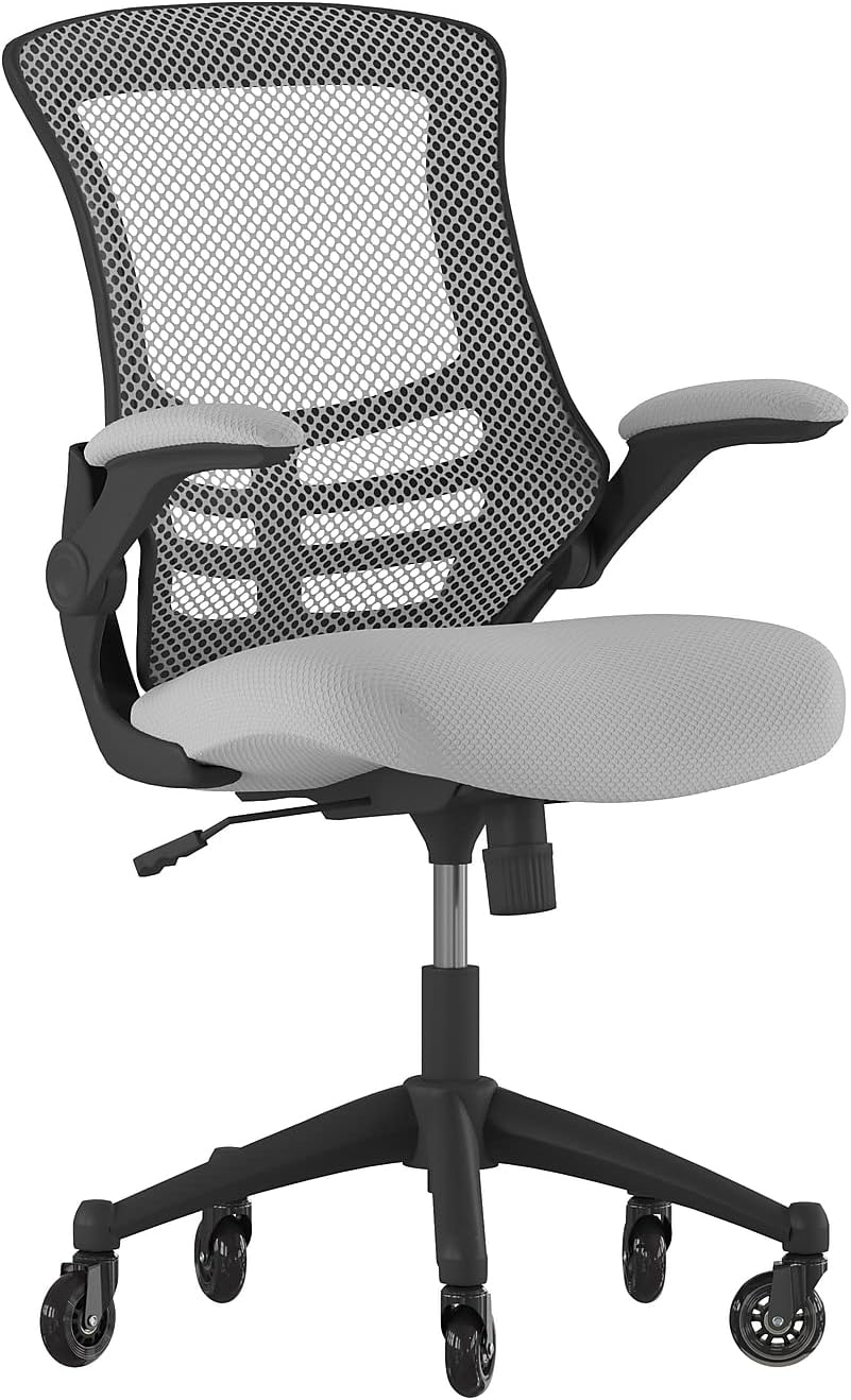 Flash Furniture Kelista Silla ergonómica giratoria de malla gris oscuro con brazos abatibles y ruedas transparentes