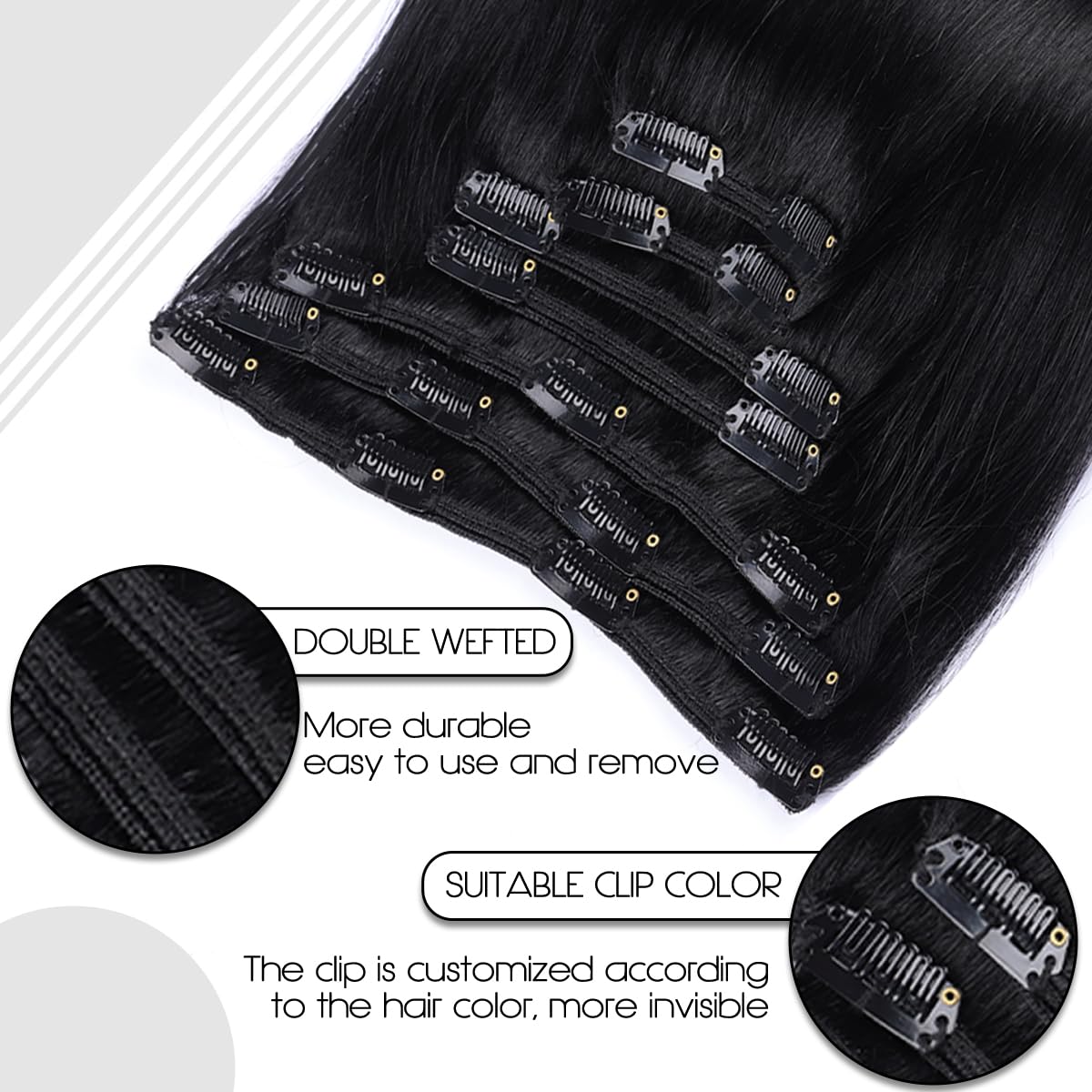 VINBAO Extensiones de cabello humano Remy negro con pinzas, color negro azabache, extensiones de cabello humano grueso con clip, 20 pulgadas, doble