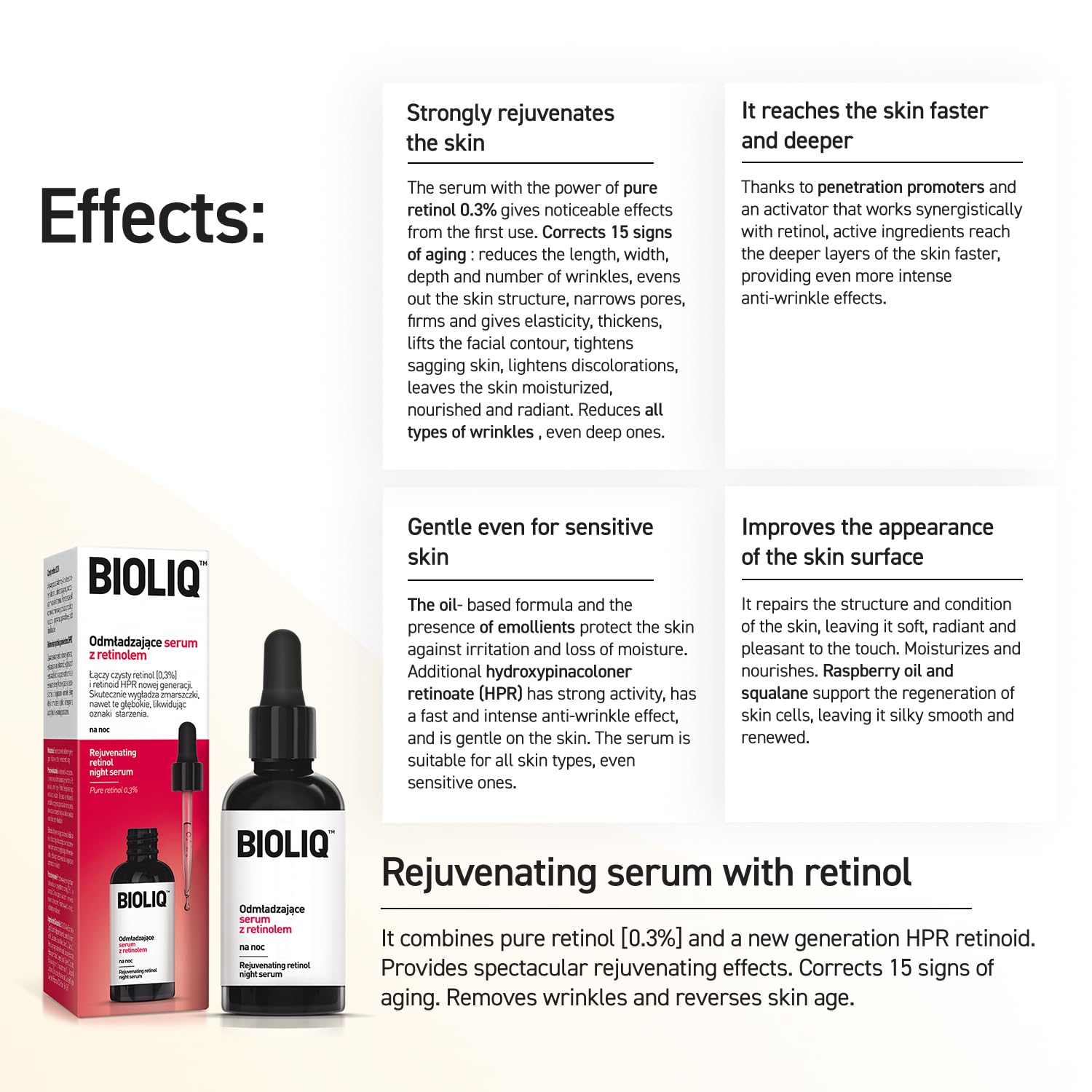 Pro Rejuvenating Night Serum wRetinol – Fórmula avanzada para un fuerte rejuvenecimiento y estiramiento de la piel – Con retinol puro 0.3% y