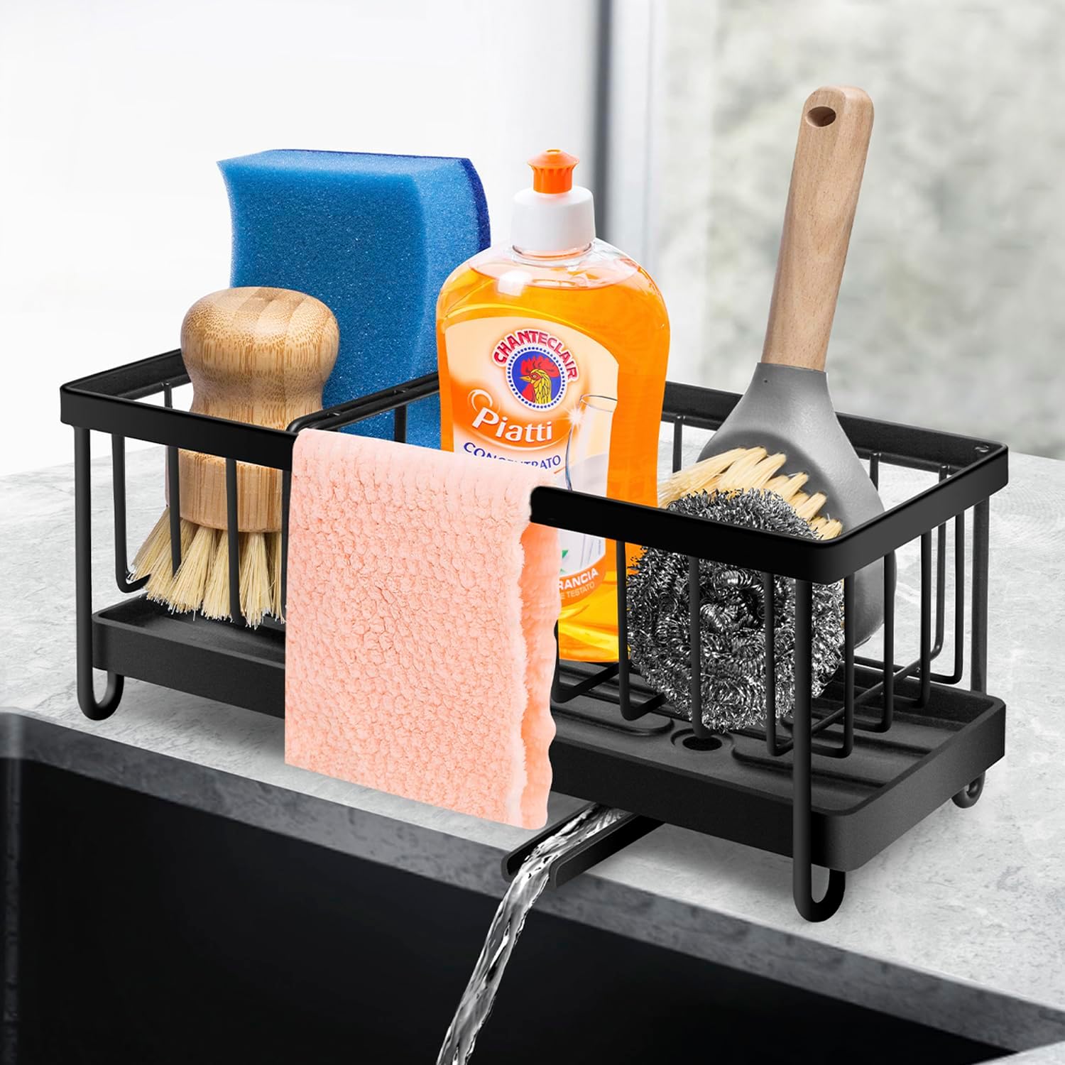 KSEV Organizador de fregadero con bandeja de drenaje ajustable con boquilla automática (acero inoxidable inoxidable), organizador de fregadero de