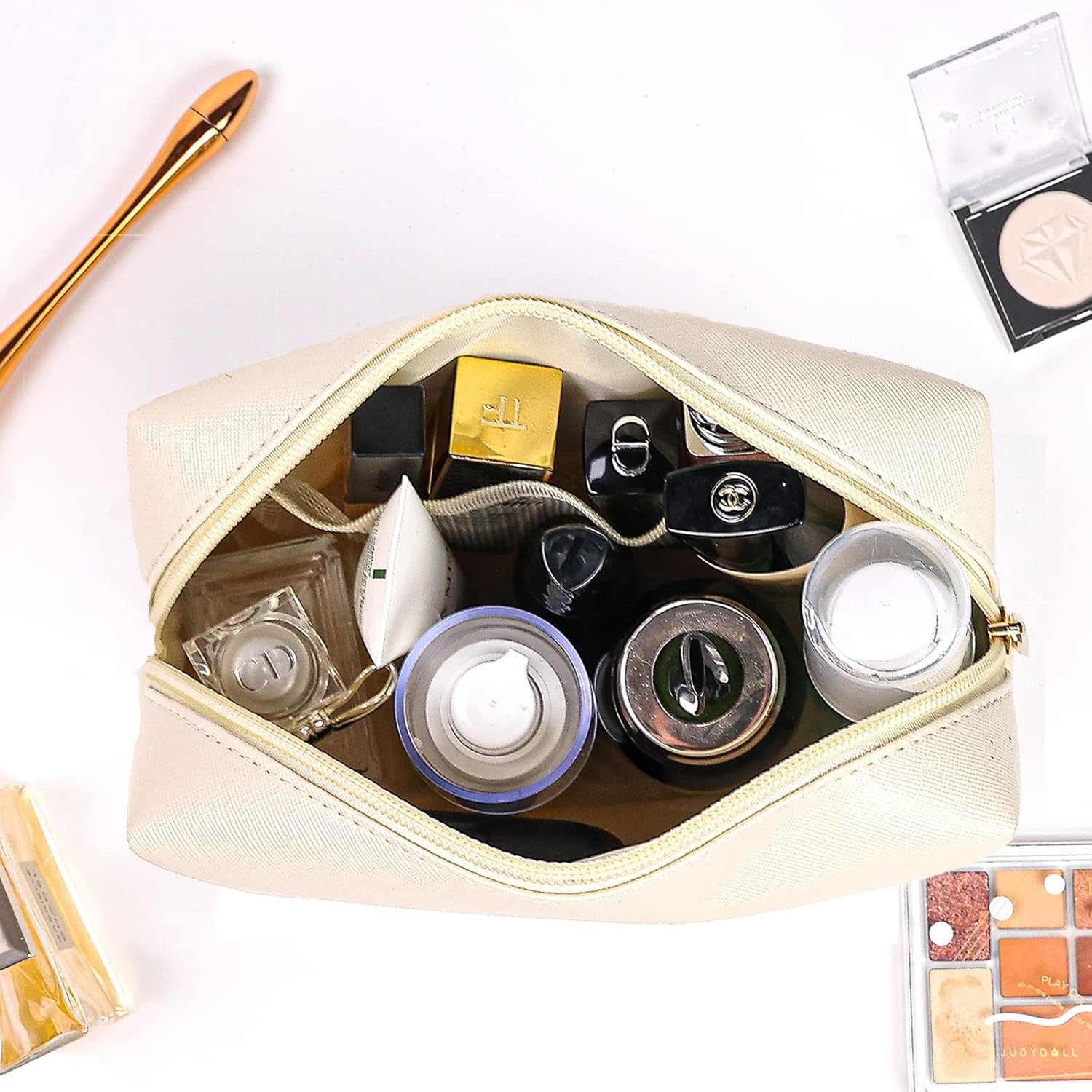 Preppy Patch – Bolsa de maquillaje de piel, bolsa de cosméticos pequeña, organizador de artículos de tocador de viaje impermeable, bolsa de aseo