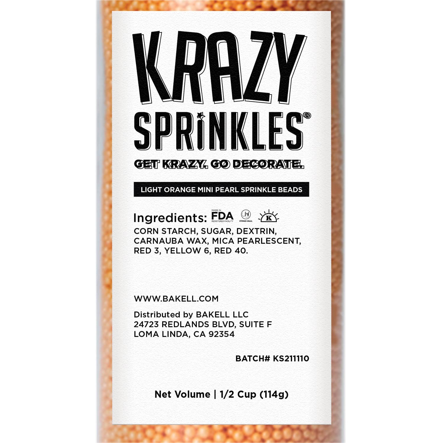 BAKELL Krazy Sprinkles – Mini cuentas de perlas color naranja claro, 100% comestibles de grado alimenticio, sin gluten, sin nueces, para pasteles,