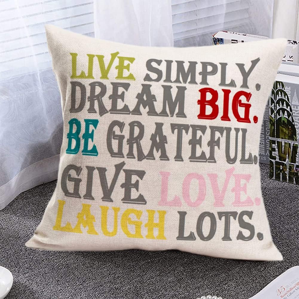 Doitely Funda de almohada colorida con citas inspiradoras, Live Simply Dream Big Be Greatful Give Love Laugh Lots Simple Words, funda de cojín de