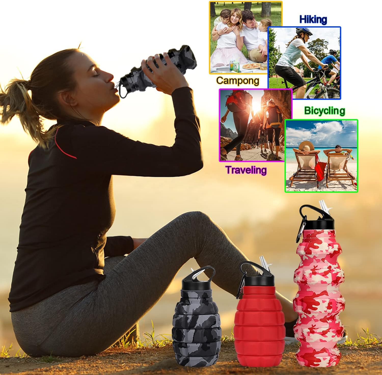 Botella de agua plegable de viaje de 18 onzas, botellas de agua plegables de silicona reutilizables para gimnasio, campamento, senderismo, botella