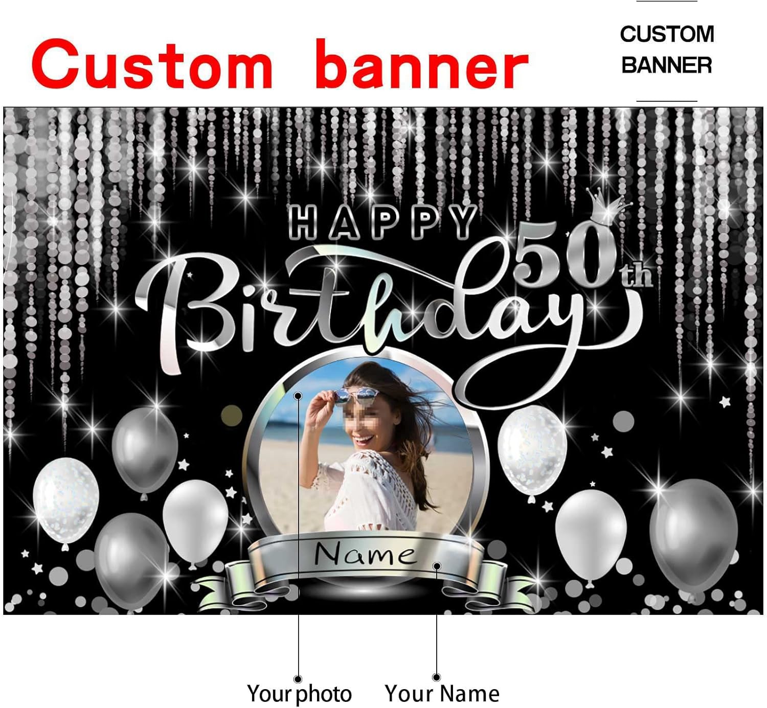 Cartel de decoración de feliz cumpleaños 50 personalizado – Personalización disponible – Negro y plateado – Tamaño grande – Admite fotos y nombres