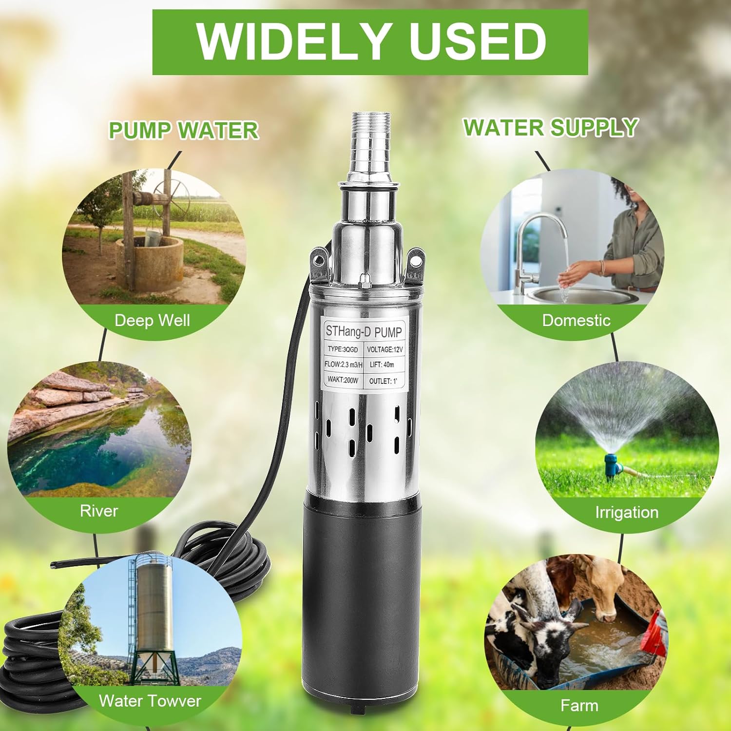 STHang-D Bomba sumergible de pozo profundo de 12 V DC 200 W Bomba de agua eléctrica con energía solar, tornillo de acero inoxidable Bomba de salida