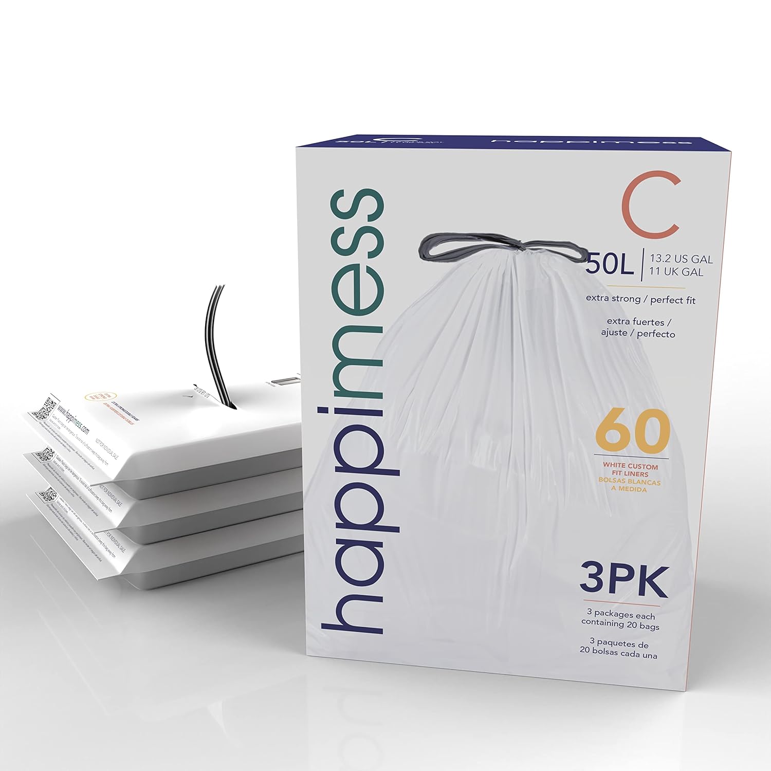 happimess HPM3000C-WHITE – Bolsas de basura con cordón de cocina de 13.2 galones, forro para botes de basura, color blanco, 60 unidades, 3 paquetes