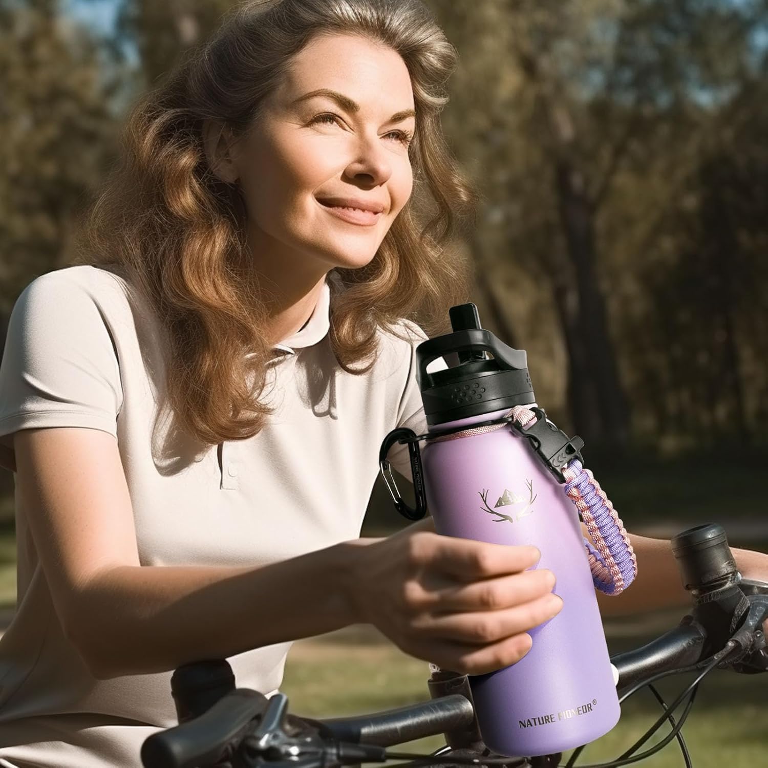 NATURE PIONEOR Botellas de agua aisladas con mango de paracaídas, 24324064 onzas, botella de agua deportiva de boca ancha con 3 tapas, de acero