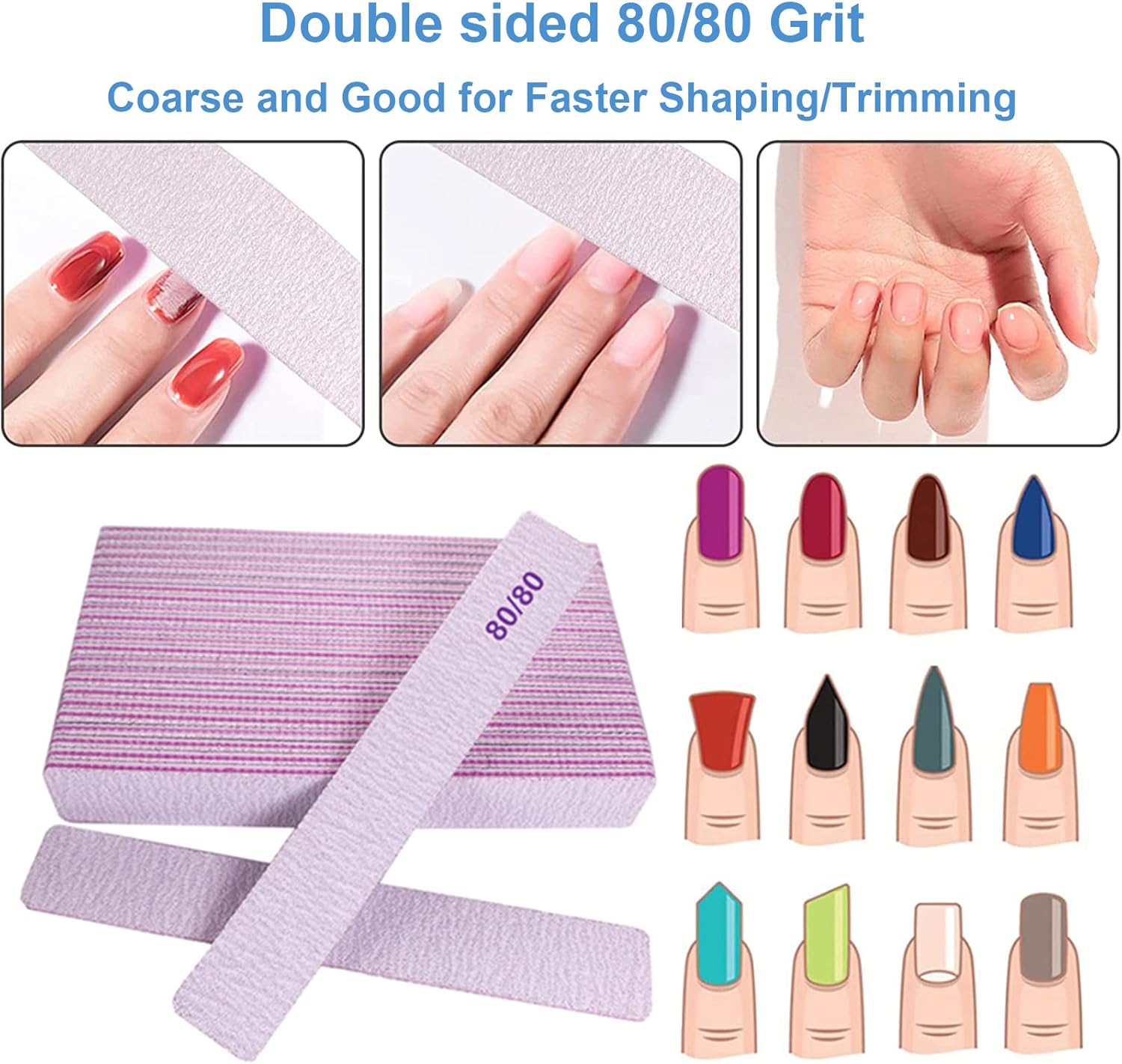 Limas de uñas de grano 8080 (25 unidades), tableros de esmeril gruesos para uñas acrílicas y uñas de gel, lima de uñas de doble cara de 80 granos