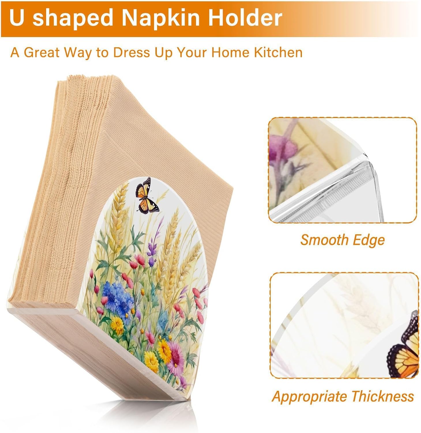 Napkin Holder Rustic Wildflowers Butterfly Napkin Holders for Tables, Clear Acrylic Napkin Holders Cocktail Napkin Holder for Kitchen Restaurant Bar