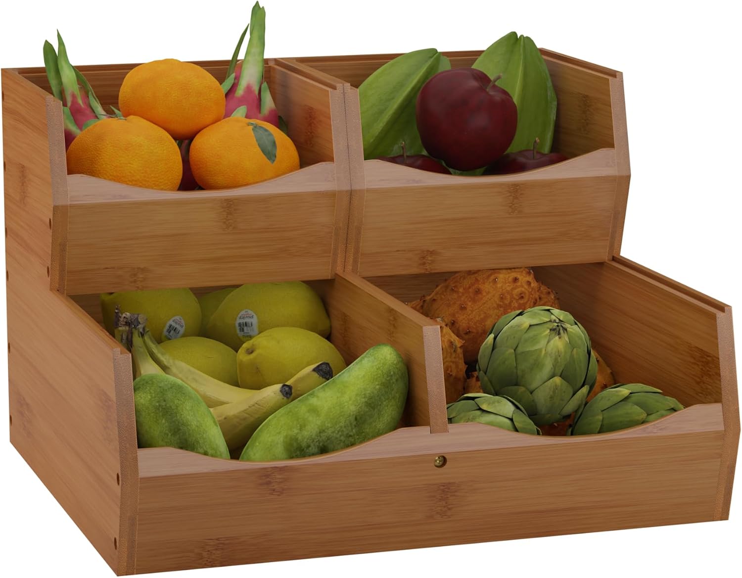 Contenedores apilables con frente abierto, almacenamiento apilable, juego de 3 piezas apilables de bambú para encimera de cocina para verduras,