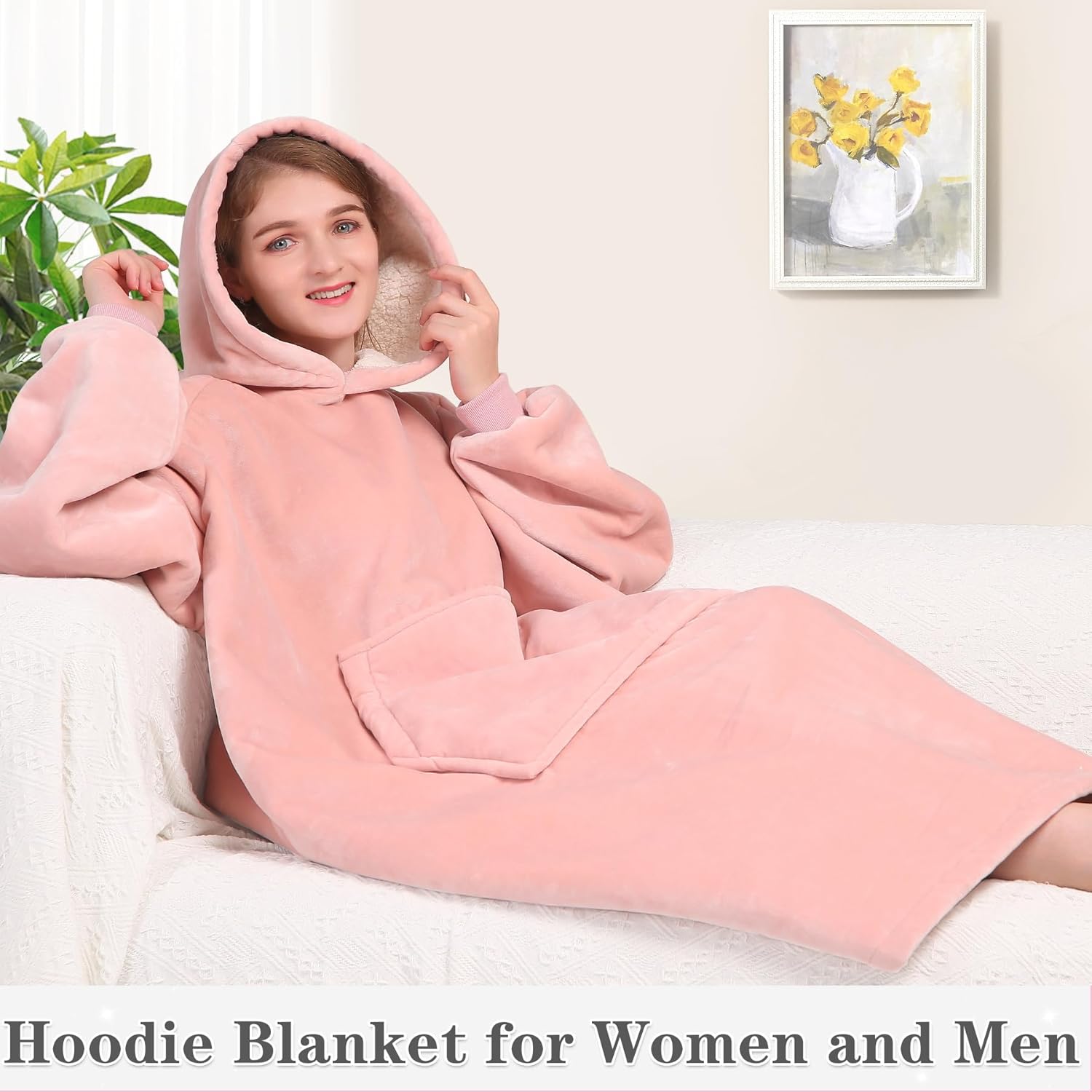 Waitu Sudadera tipo manta, para regalar a hombre o mujer, de grueso vellón sherpa, para adulto, extragrande, con capucha, larga, con mangas y
