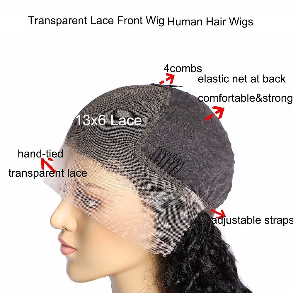Maxine Peluca de cabello humano con encaje frontal HD de 13 x 6 pulgadas, densidad del 250 %, 10A, con abuelitos, ondulado profundo, transparente,