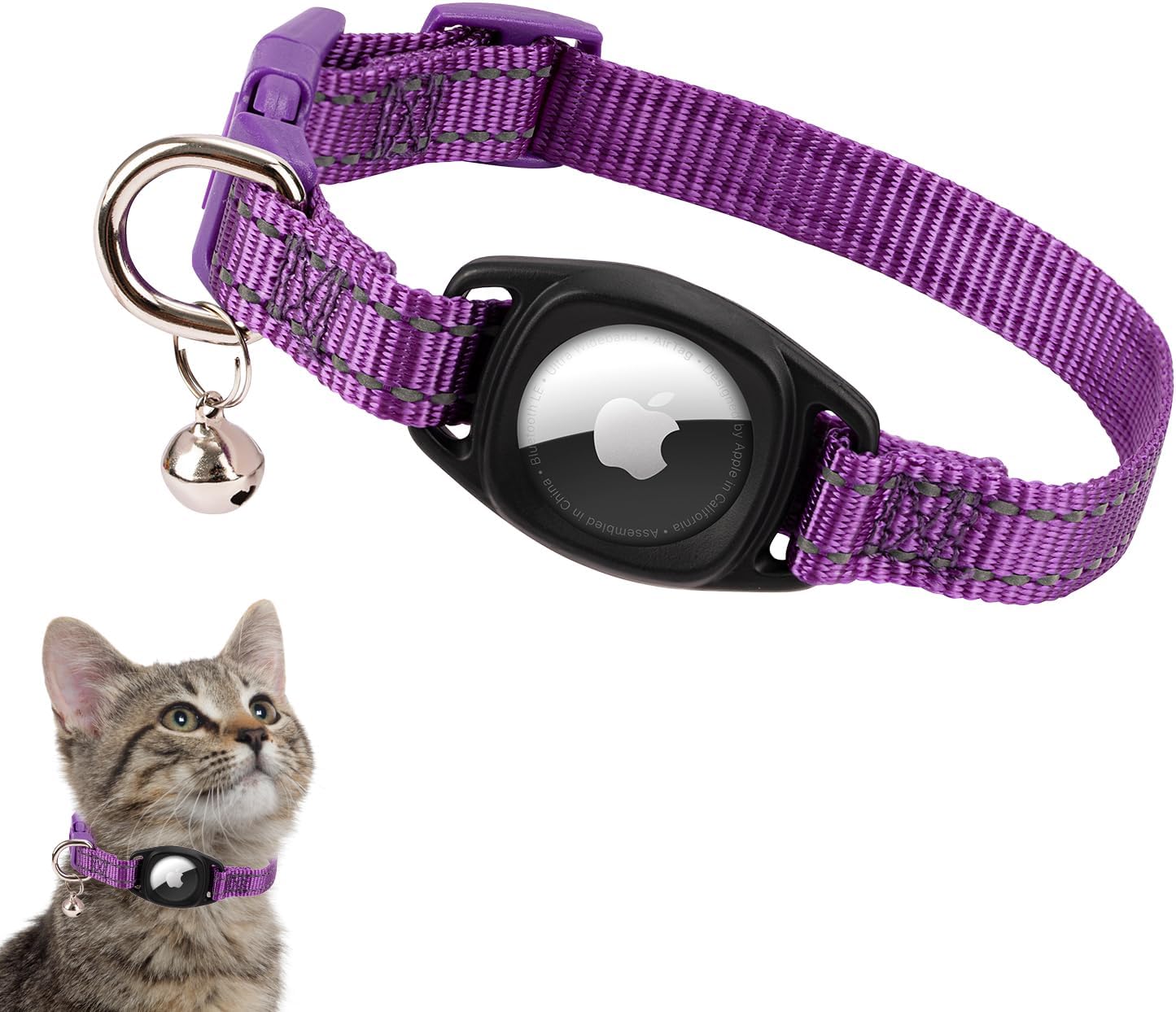 DALUZ Collar reflectante para gatos Airtag, collar de nailon duradero con GPS integrado con soporte Airtag y campana, collar Airtag para gato con