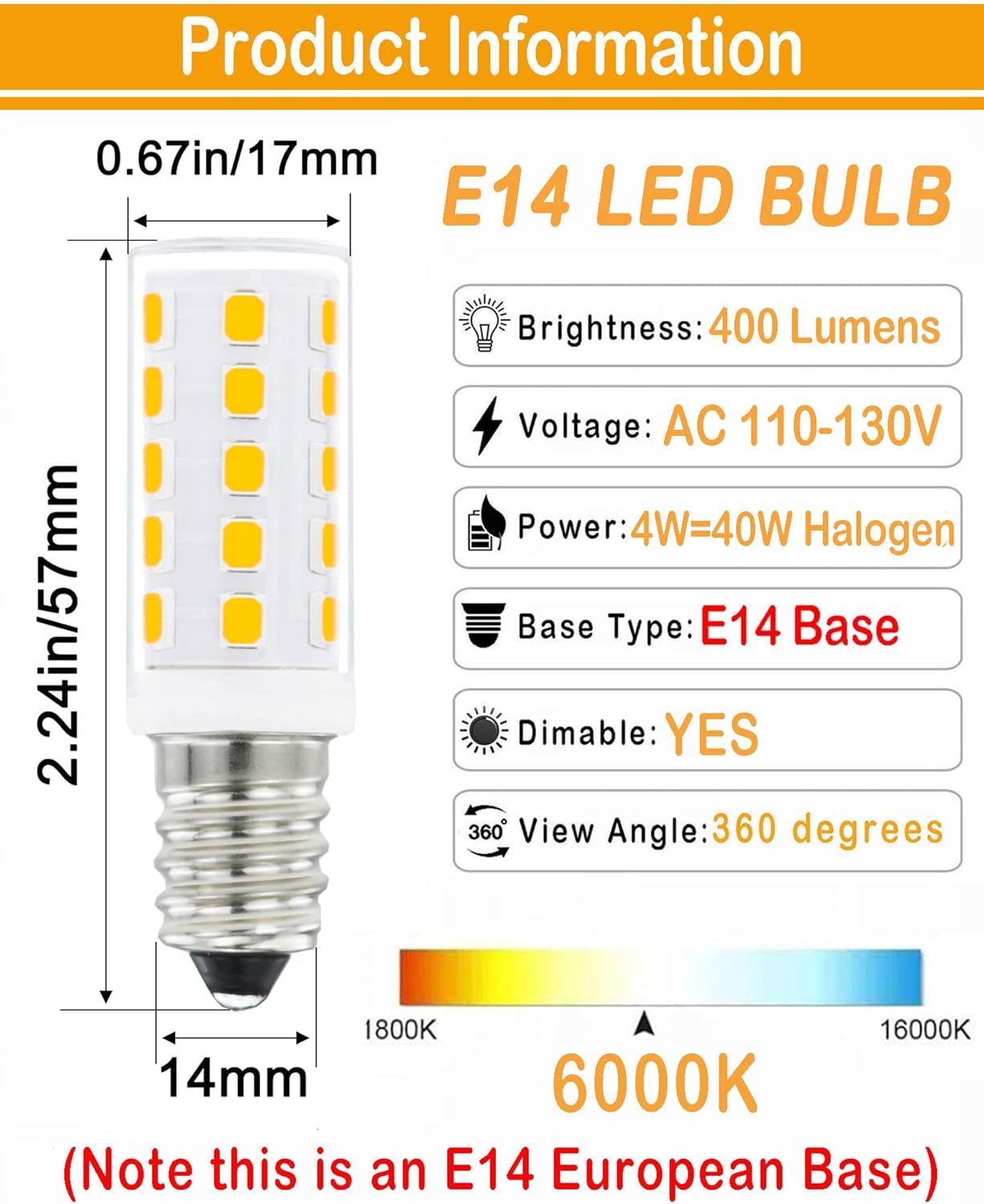 Lamsky Bombillas LED E14 de base europea regulables, equivalente a 40 W AC120V luz diurna blanca 6000 K, bombillas LED E14 de 4 W para candelabros,