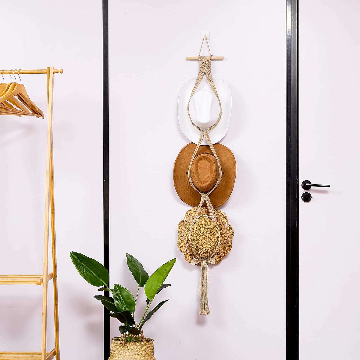 Perchas de macramé para sombreros, estilo bohemio, para colgar sombreros de vaquero, organizador para la parte trasera de la puerta (beige, estilo