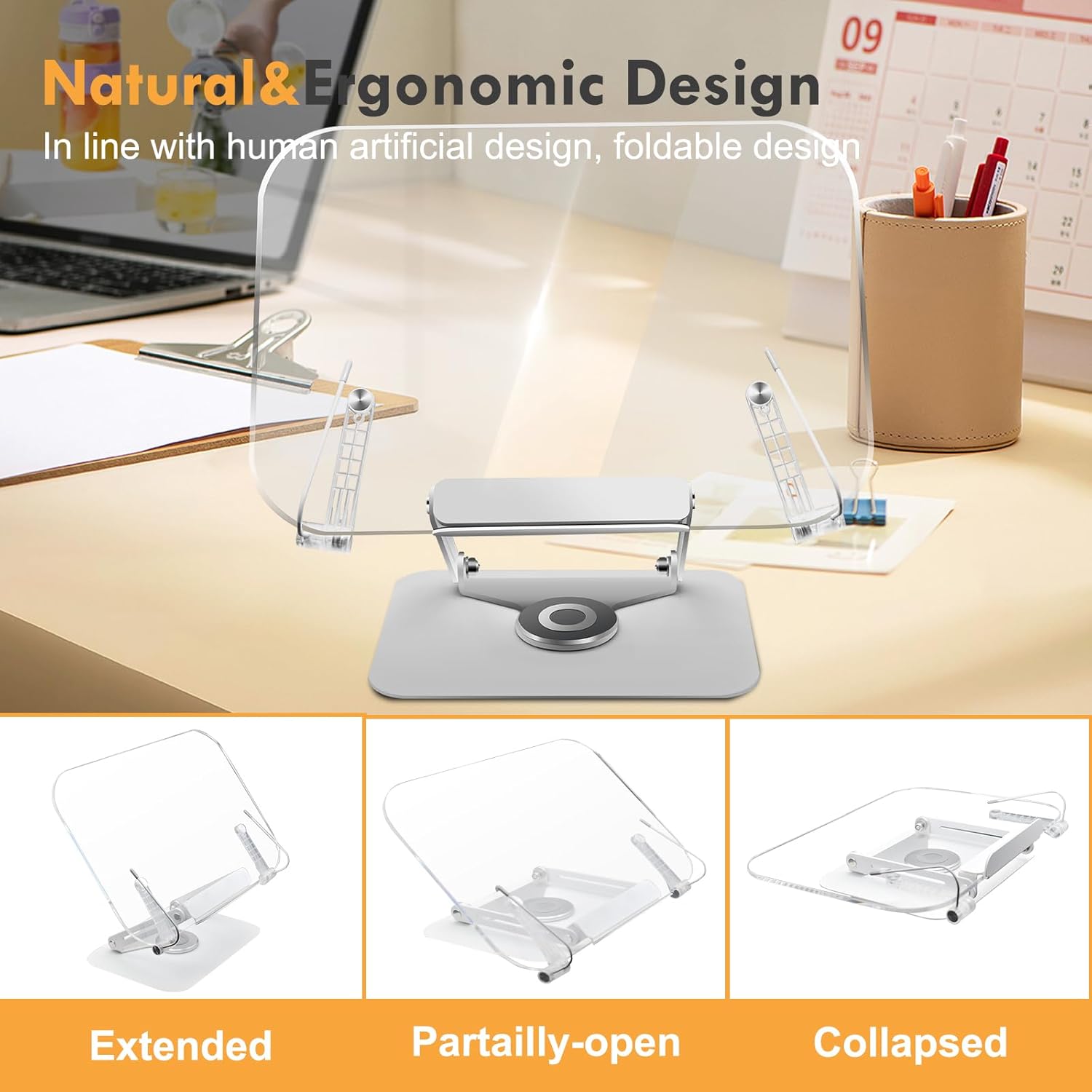 Metahoga Amasrich – Soporte de acrílico para libros de lectura, soporte ajustable con base giratoria de 360 y clips de página, plegable para mostrar
