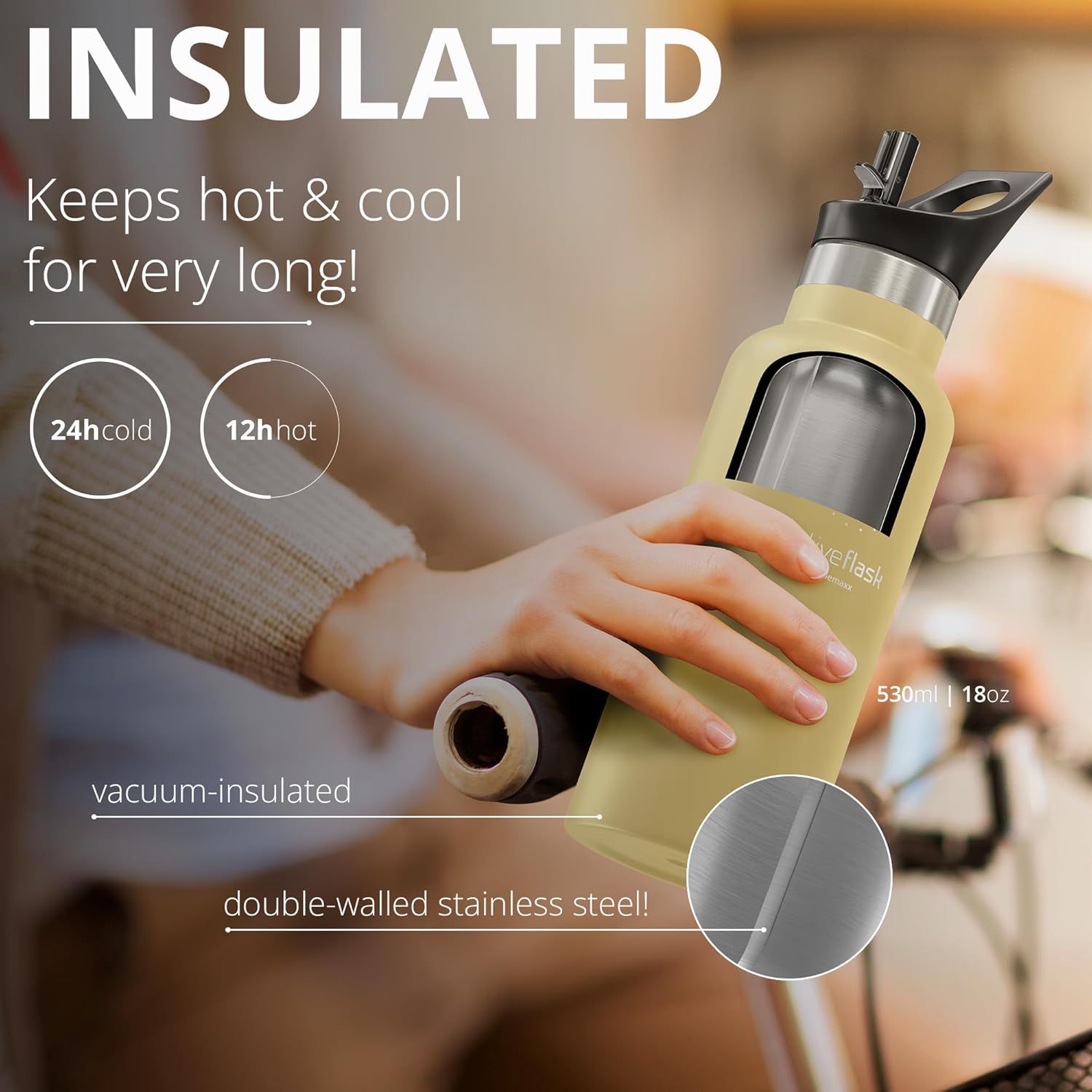 Botella de agua de acero inoxidable con pajita, infusor y 3 tapas 1832 oz a prueba de fugas aislado al vacío ACTIVE FLASK Botellas de beber frías