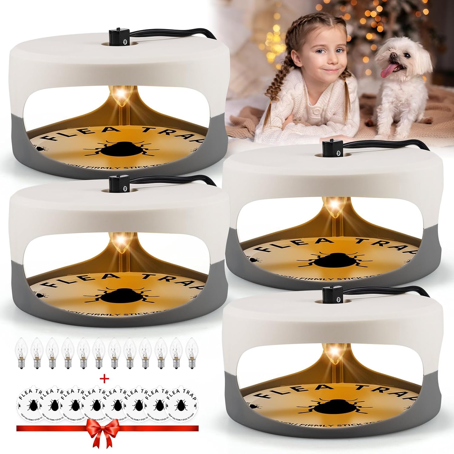 Paquete de 4 trampas para pulgas de interior para interior de tu hogar con 8 discos adhesivos y 12 bombillas y 4 cables eléctricos seguros para