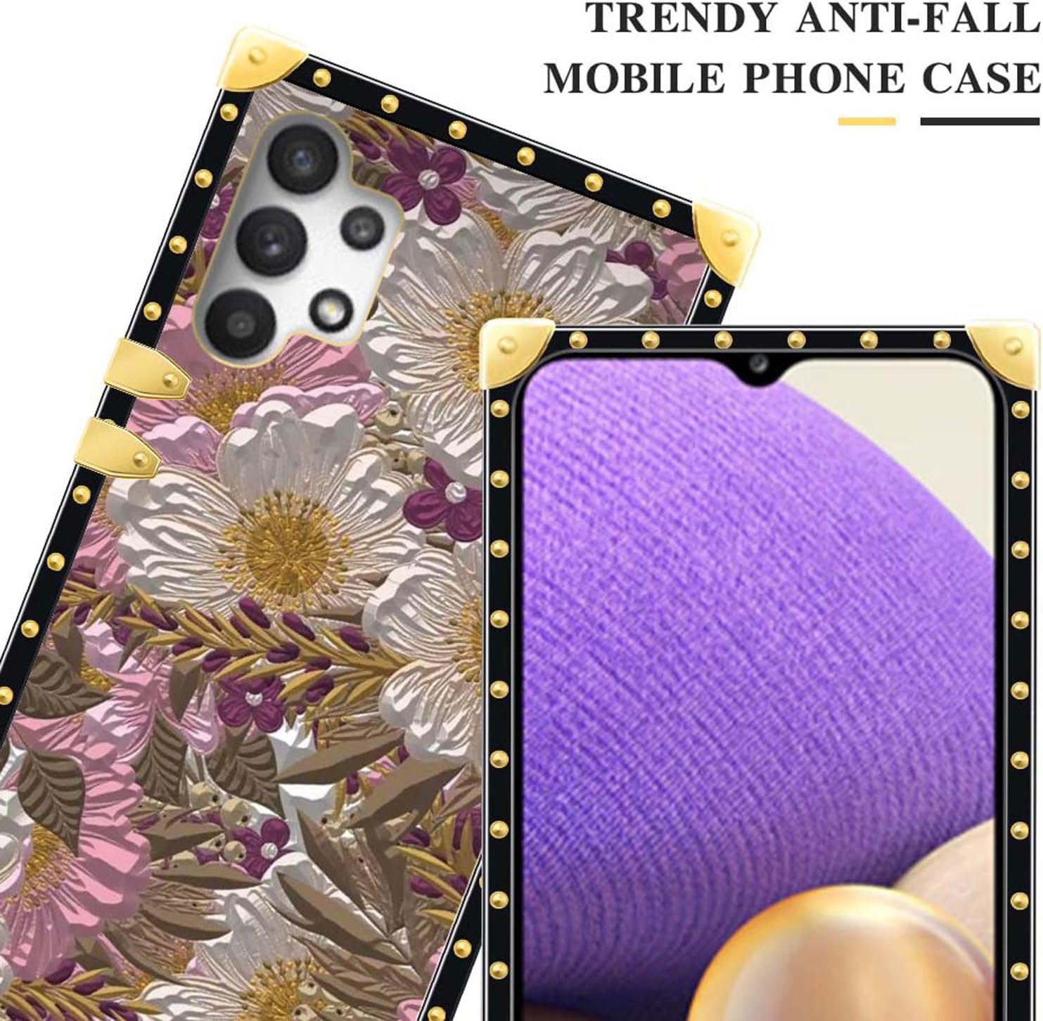 Compatible con Samsung Galaxy A32 5G Pintura al óleo Flores Artísticas Funda de Teléfono Cuadrado Dorado Suave TPU A Prueba de Golpes y Caídas