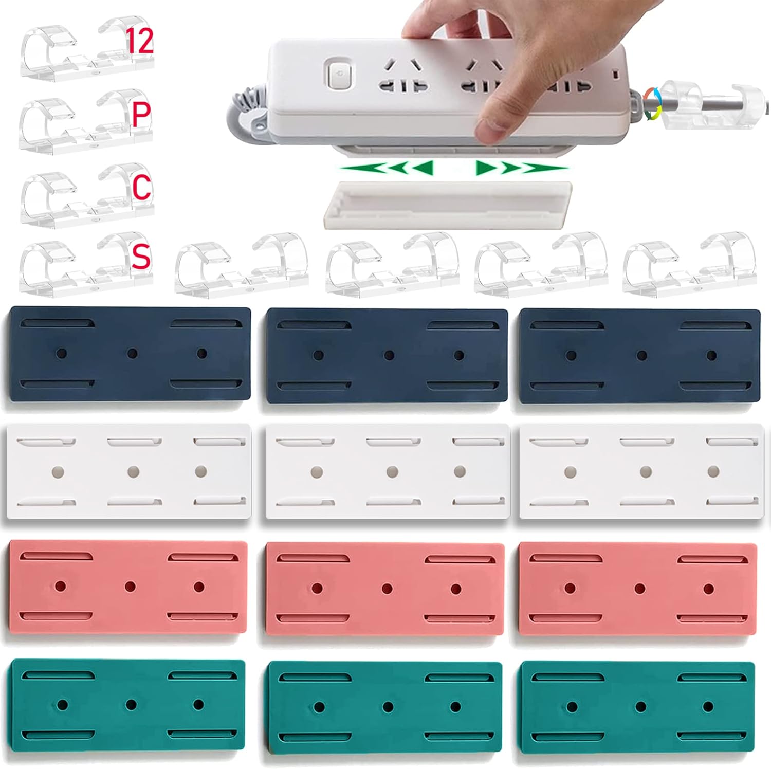 Soporte de regleta de alimentación de 12 piezas, soporte adhesivo sin perforaciones, fijador de escritorio autoadhesivo, protector de sobretensiones