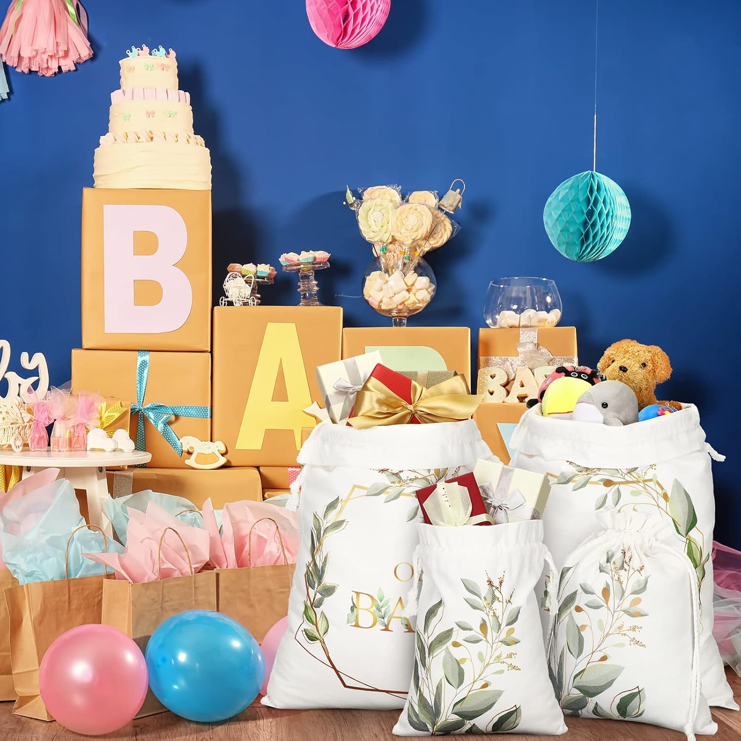 Tudomro 4 bolsas de regalo grandes con cordón para baby shower, bolsas de regalo de lona con estampado de vegetación, bolsas de regalo de